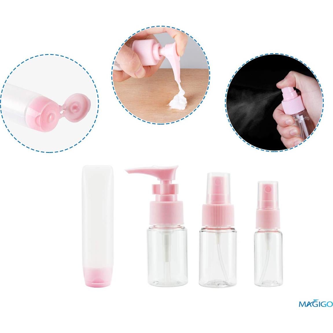 Juego de Botellas de Viaje MAGIGO Rosa 16 Piezas Aprobadas TSA