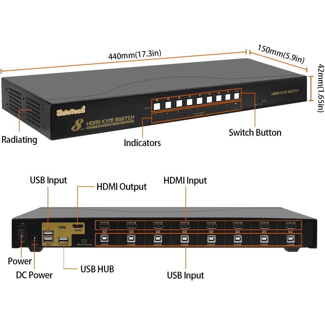 Interruptor KVM JideTech 8 Puertos HDMI 4K 30Hz USB 2.0
