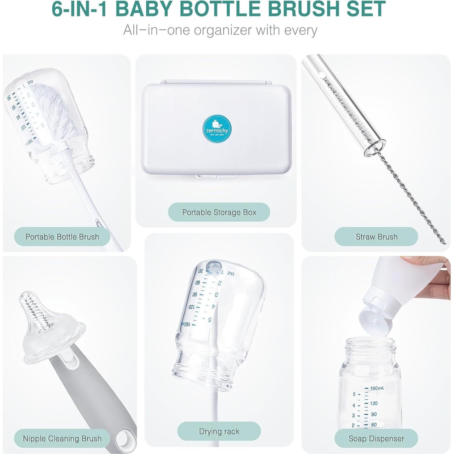 Kit de Limpieza de Botellas de Viaje Termichy 6 en 1 - Compacto y Portátil