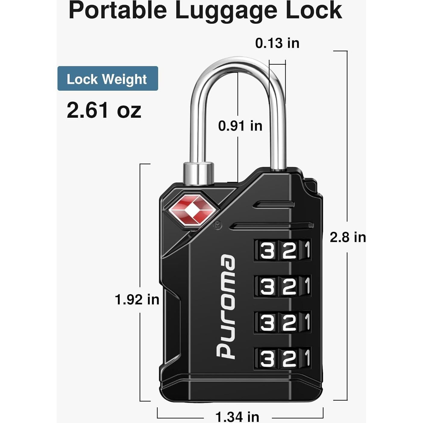 Candados de Equipaje TSA Puroma, Paquete de 4, 4 Dígitos