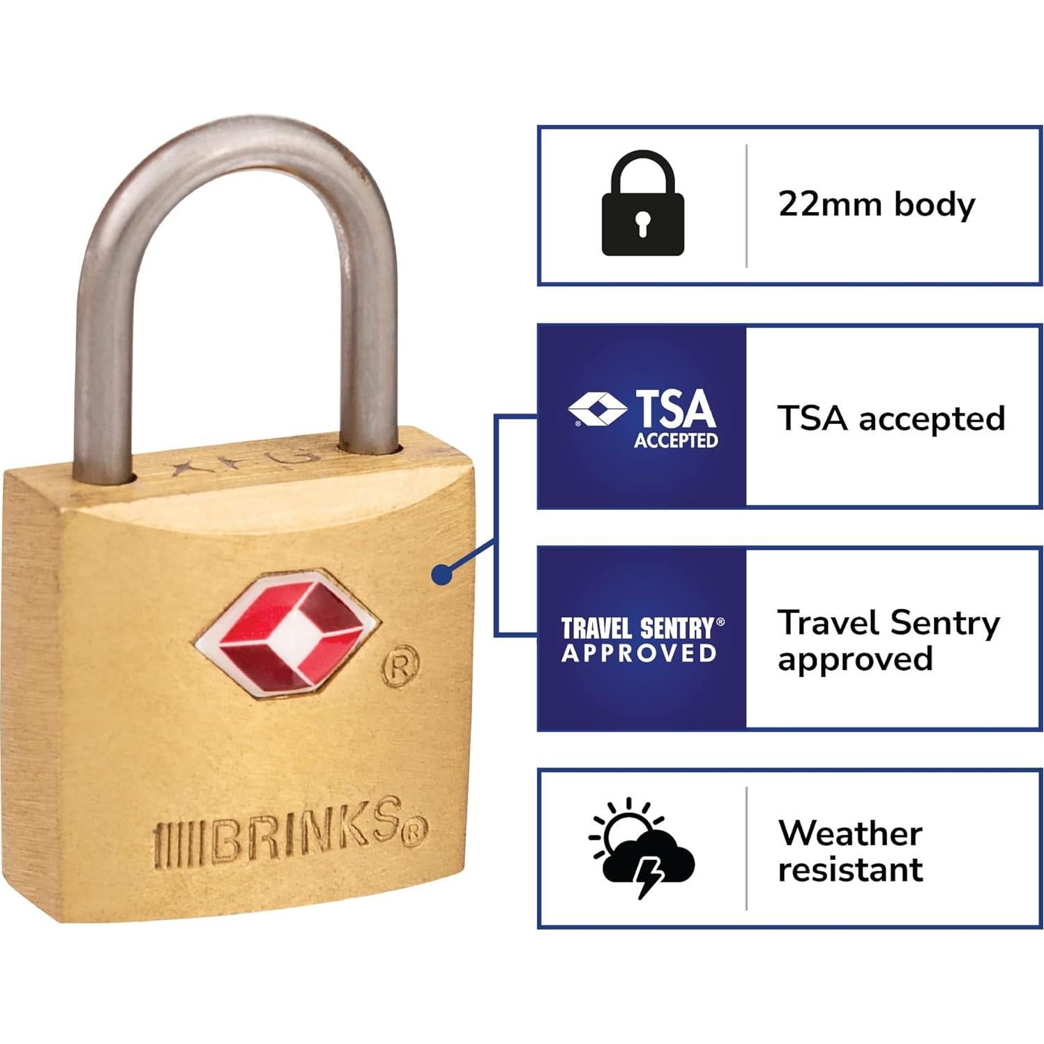 Candado TSA BRINKS 22mm Latón Sólido Niquelado Paquete 4