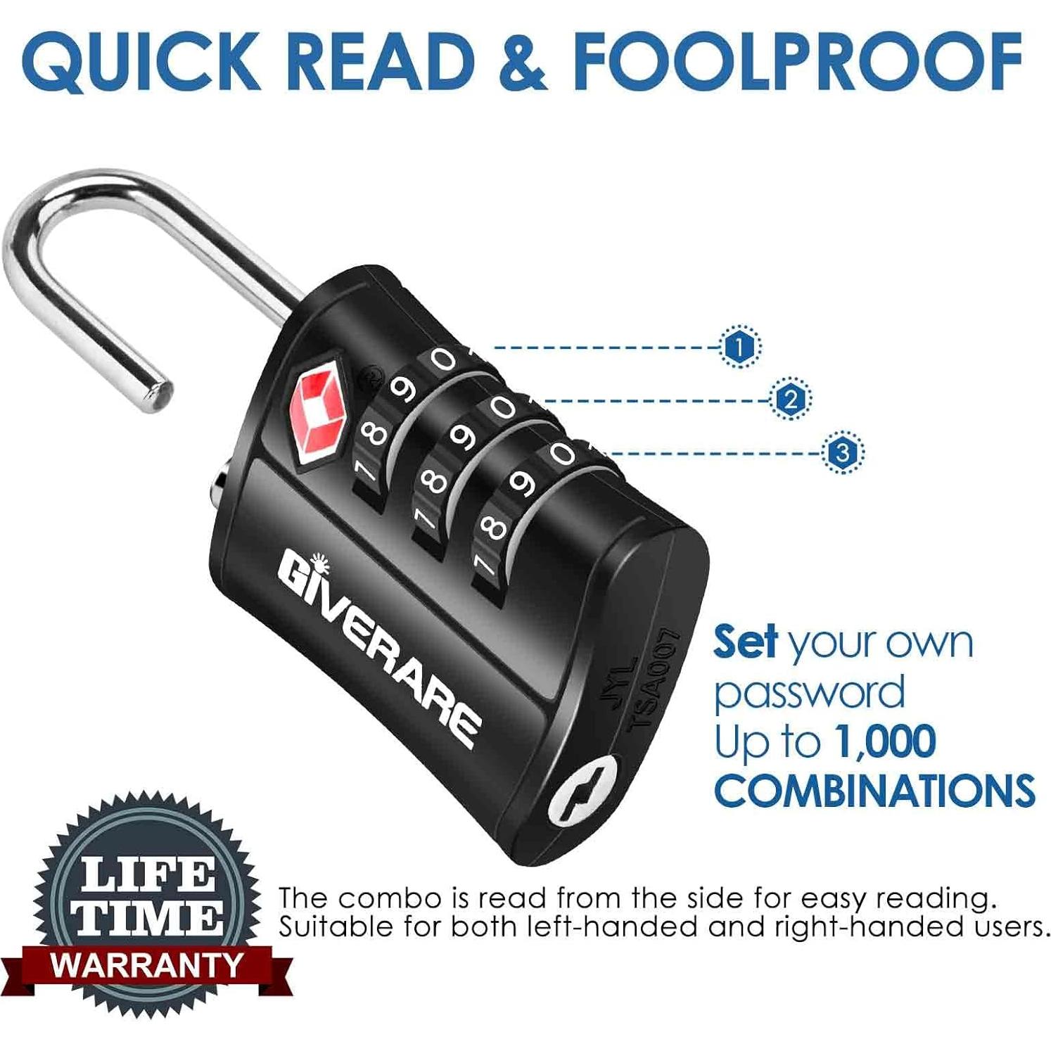 Candados de Equipaje GIVERARE TSA-109, 4 Piezas, Combinación 3 Dígitos