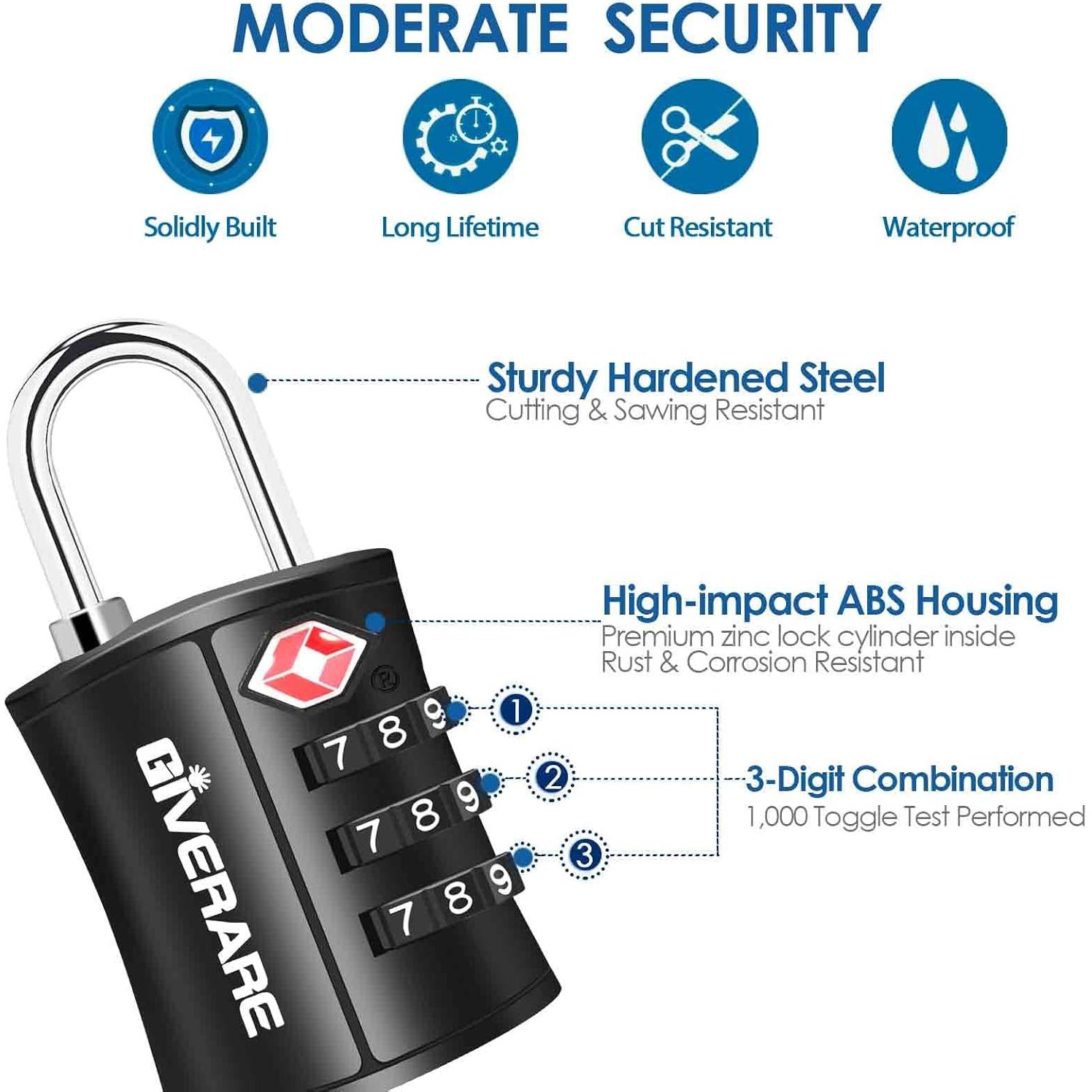 Candados de Equipaje GIVERARE TSA-109, 4 Piezas, Combinación 3 Dígitos