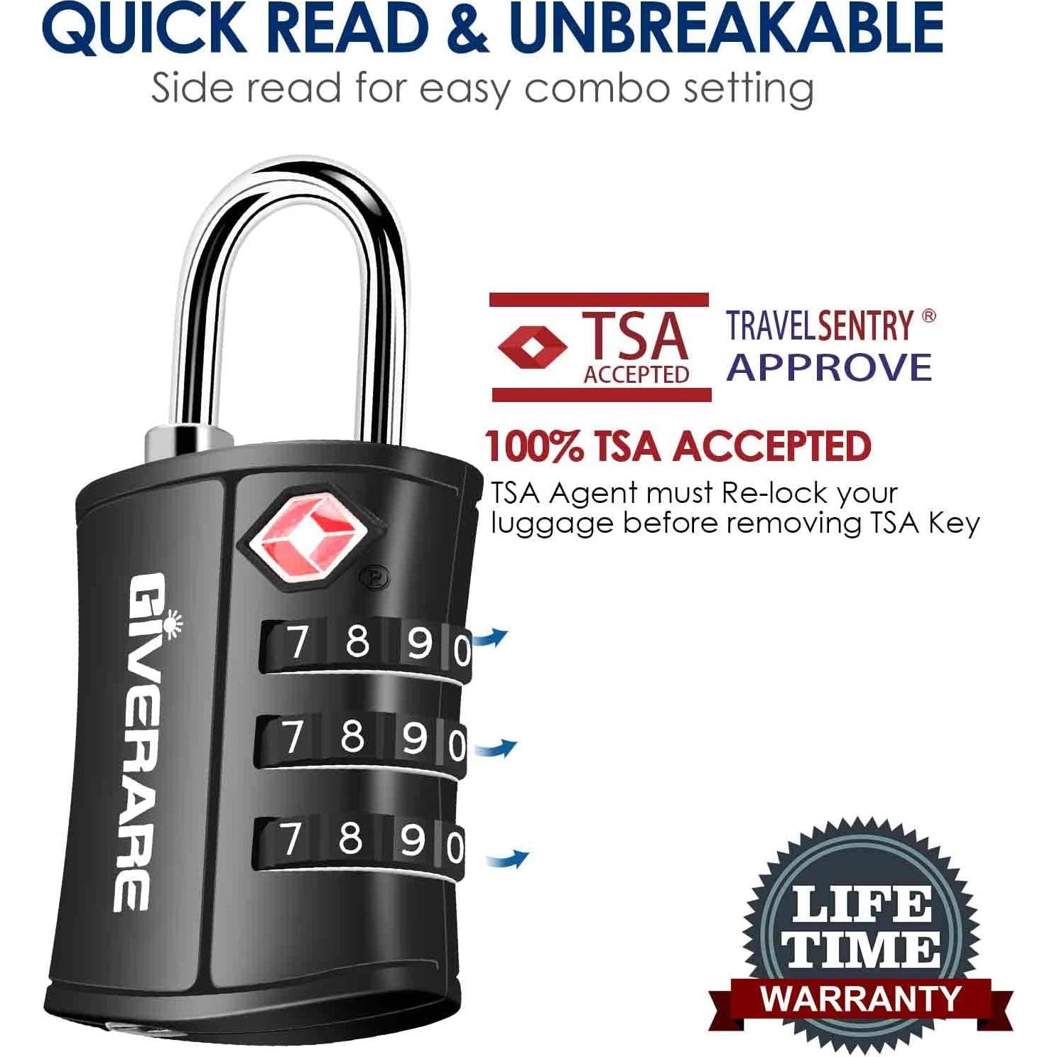 Candados de Equipaje GIVERARE TSA-109, 4 Piezas, Combinación 3 Dígitos