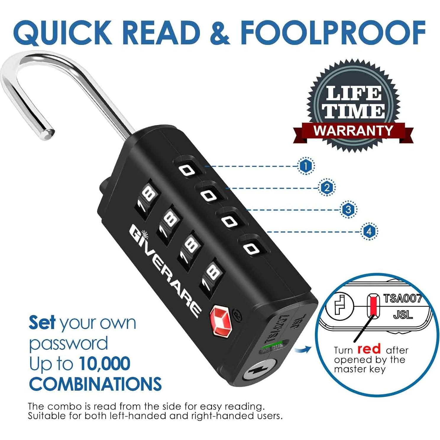 4 Candados de Equipaje TSA GIVERARE 4 Dígitos Antirrobo Negro