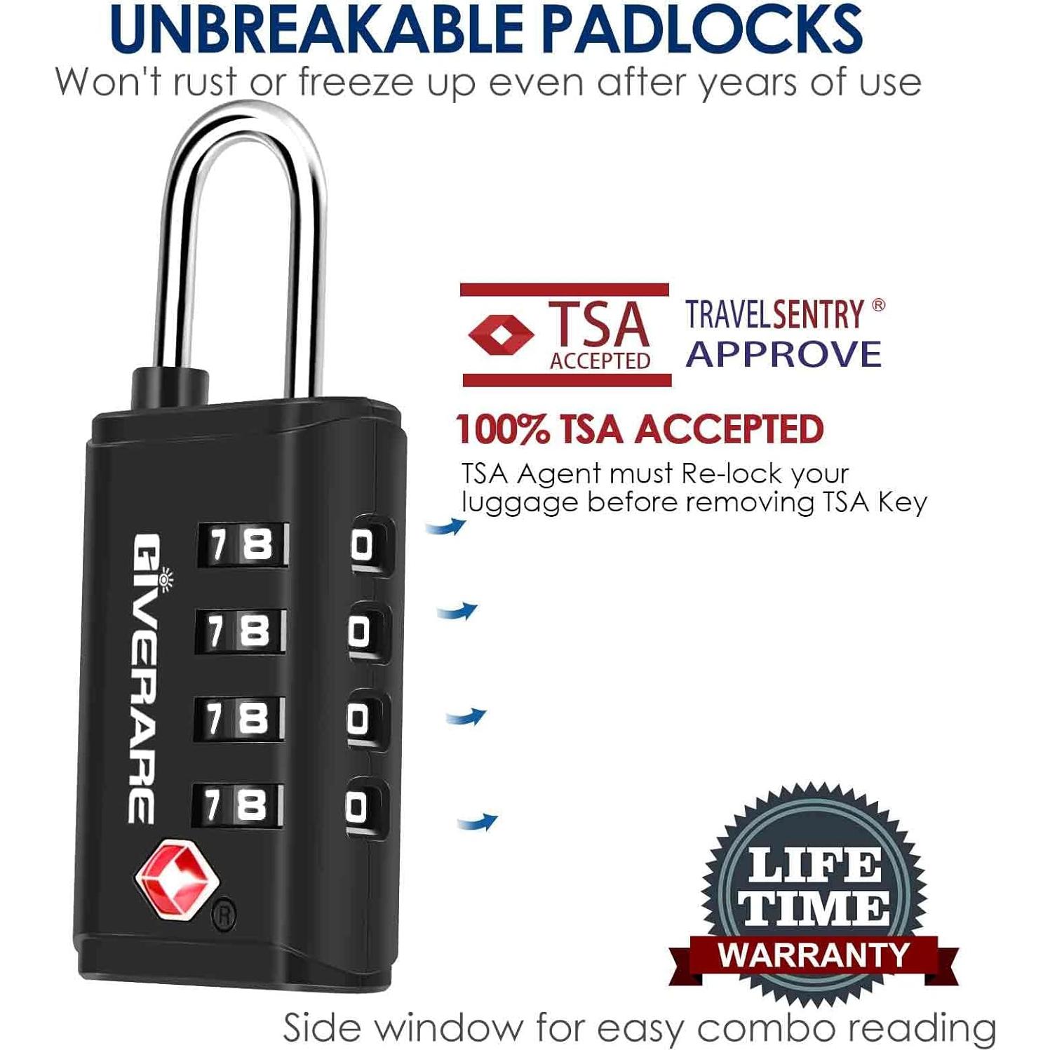 4 Candados de Equipaje TSA GIVERARE 4 Dígitos Antirrobo Negro