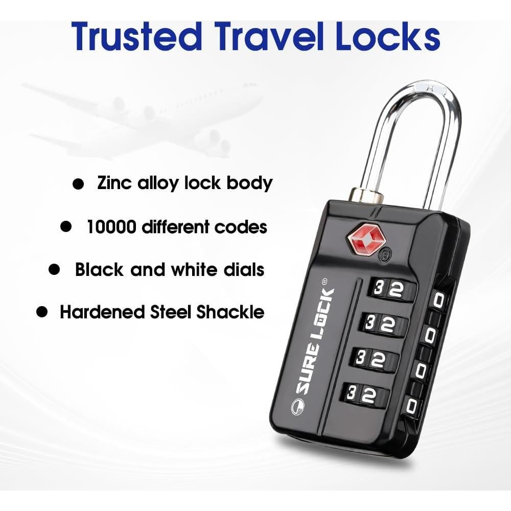 Candados de Combinación TSA Sure Lock 4 Dígitos - 2 Paquete Negro