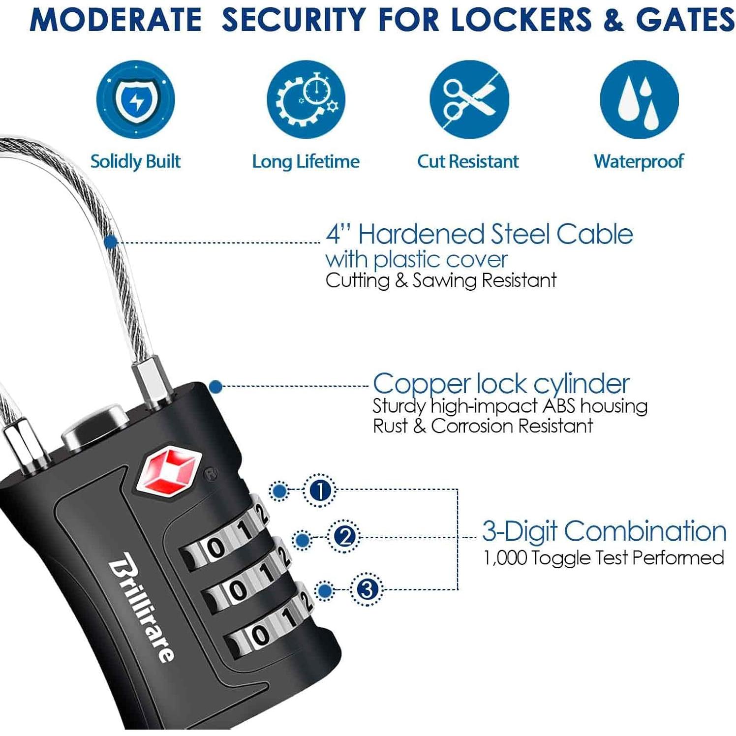 2 Candados de Combinación Brillirare TSA Impermeables 3 Dígitos