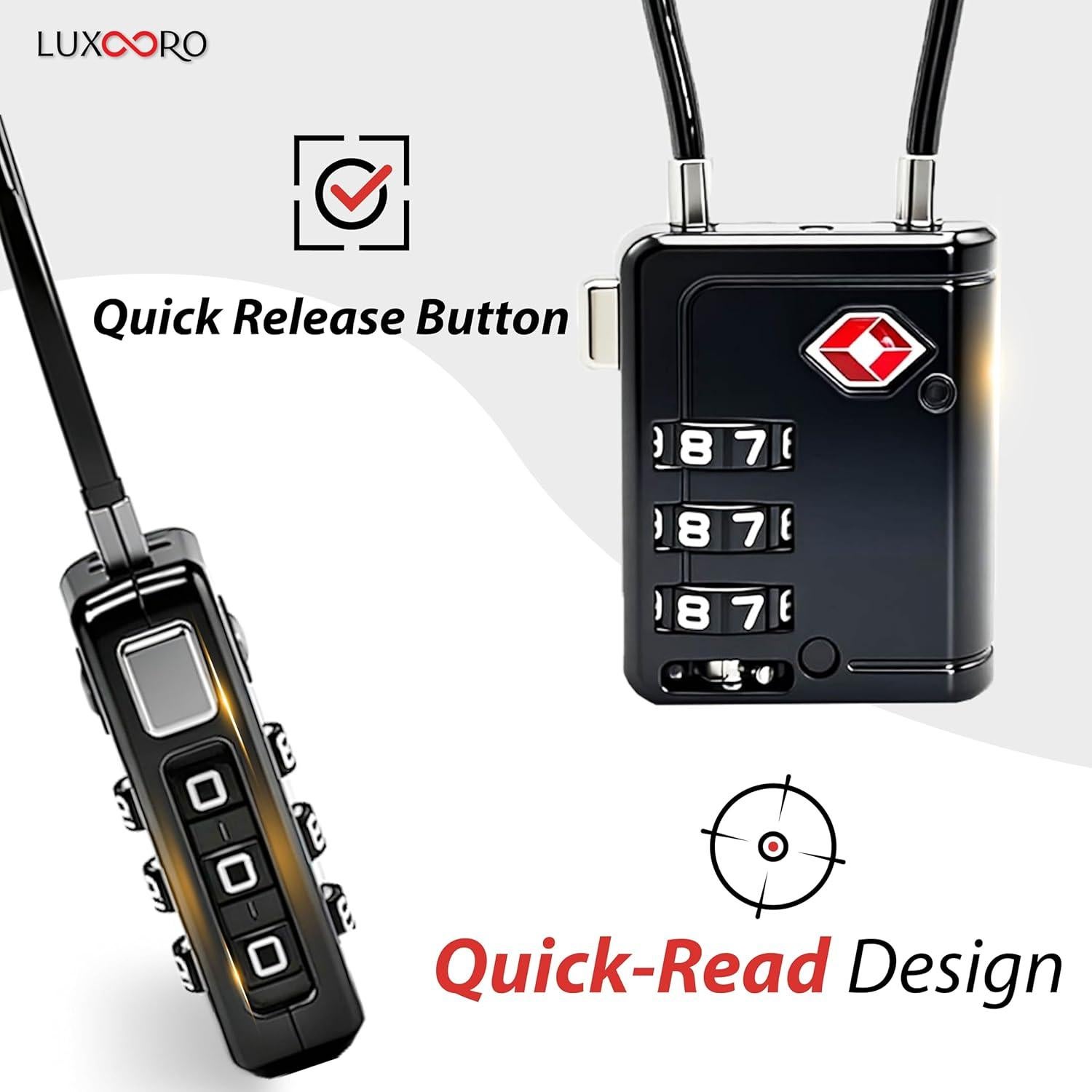 Candado de Equipaje LUXOORO TSA 3 Dígitos Reajustable Negro - 2 Paquete