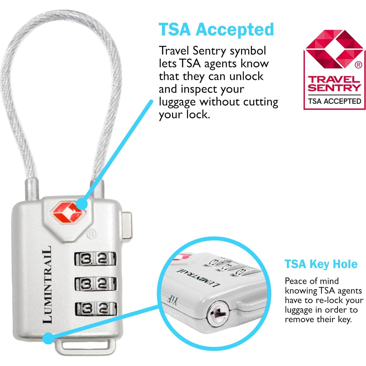 Candado TSA Lumintrail Plata 3 Dígitos con Cable 1.22m