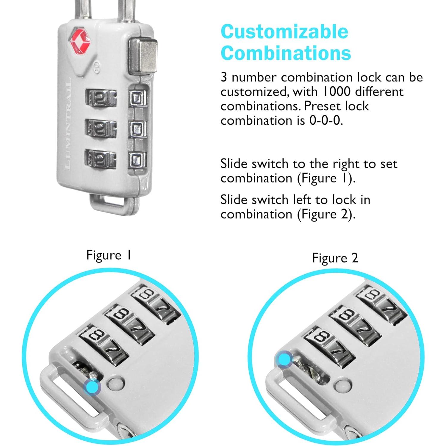 Candado TSA Lumintrail Plata 3 Dígitos con Cable 1.22m