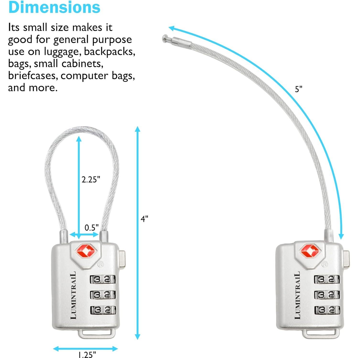 Candado TSA Lumintrail Plata 3 Dígitos con Cable 1.22m