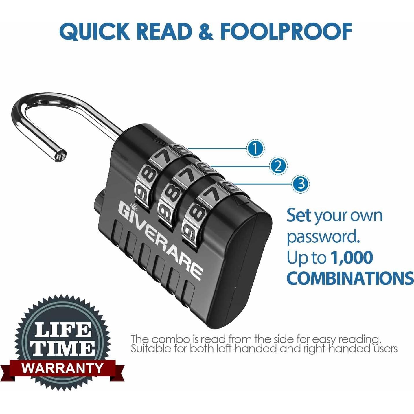 Candado de Combinación GIVERARE 3 Dígitos Resistente Negro