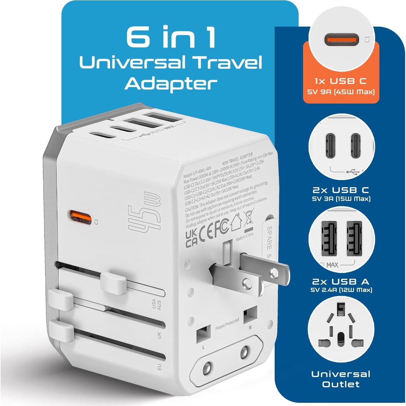 Adaptador de Viaje Universal 6-en-1 Ceptics 45W USB-A y USB-C
