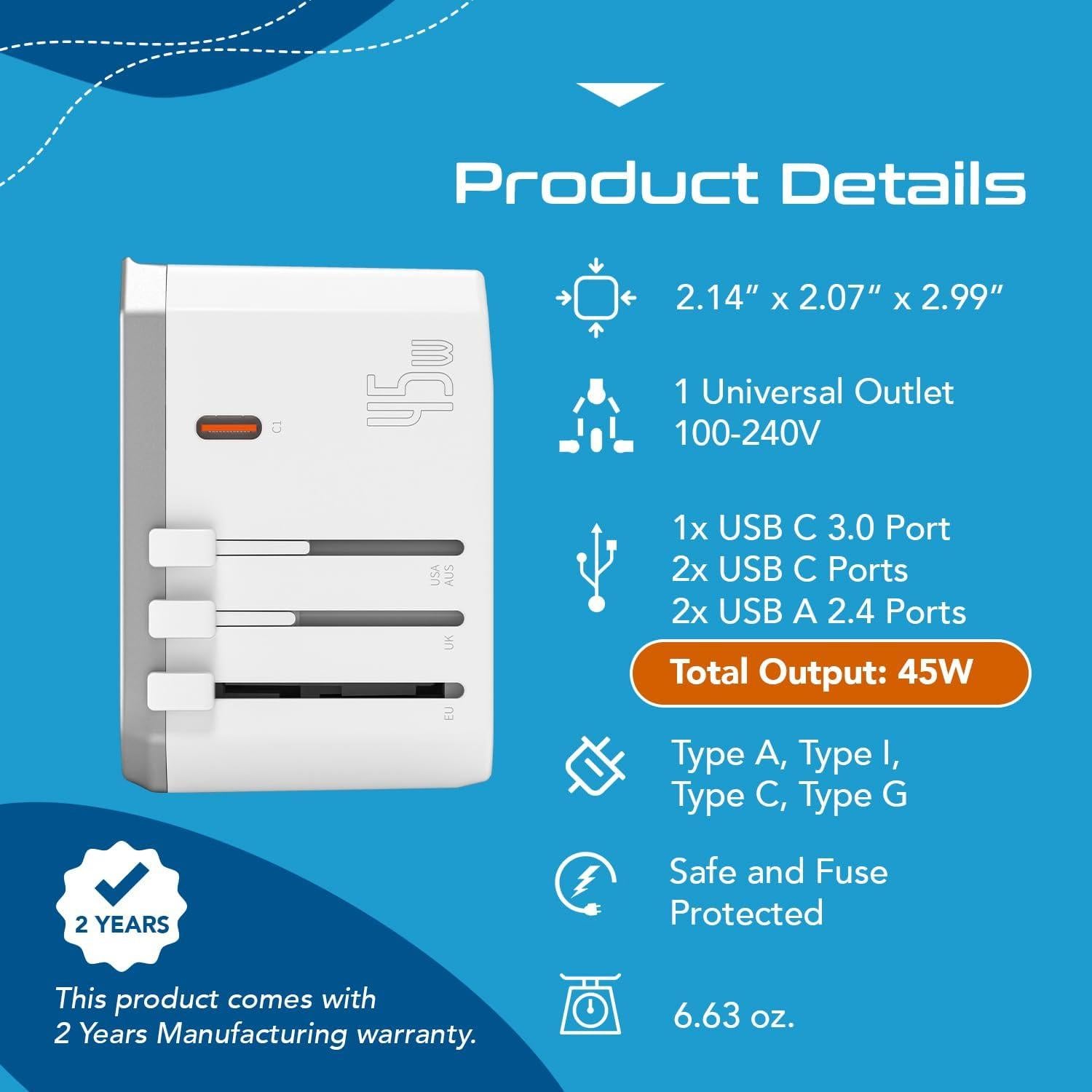 Adaptador de Viaje Universal 6-en-1 Ceptics 45W USB-A y USB-C
