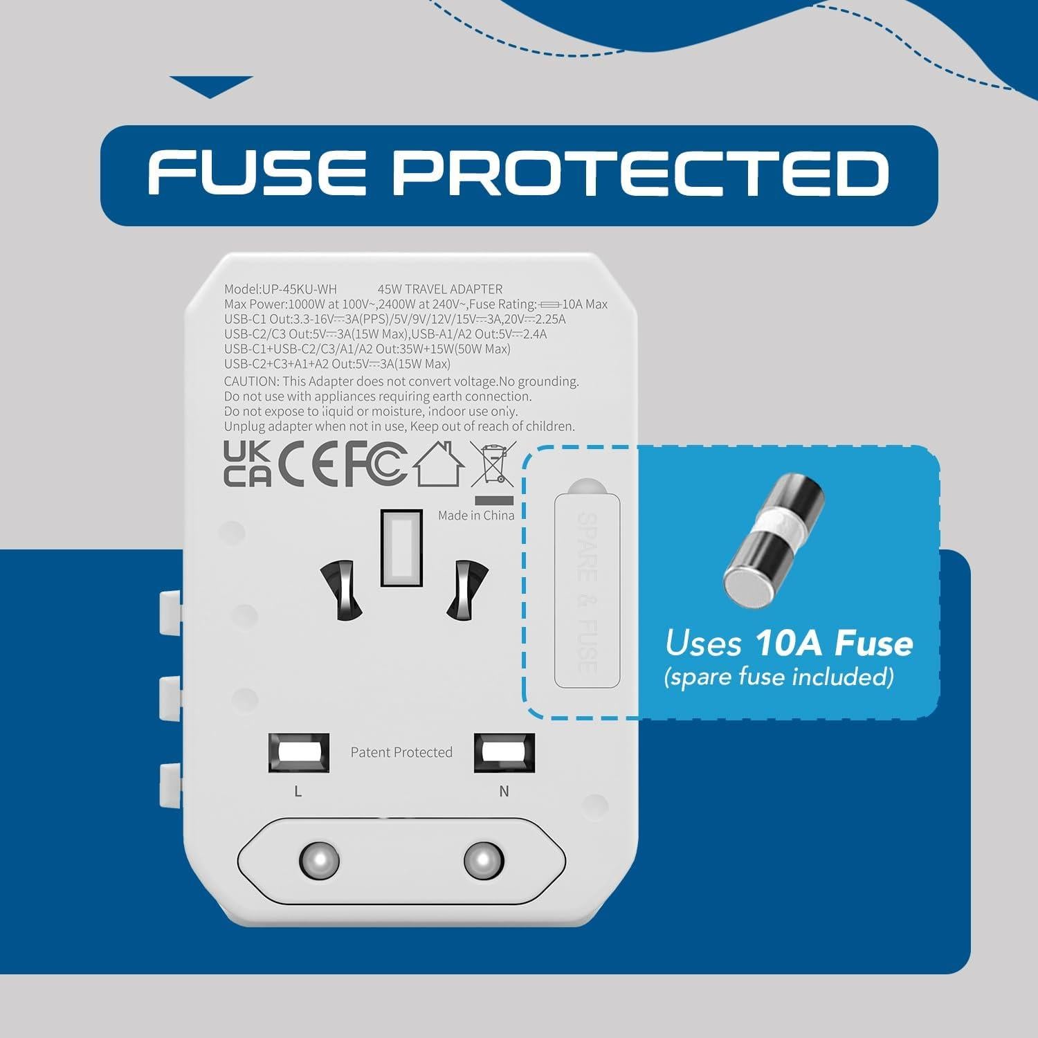 Adaptador de Viaje Universal 6-en-1 Ceptics 45W USB-A y USB-C