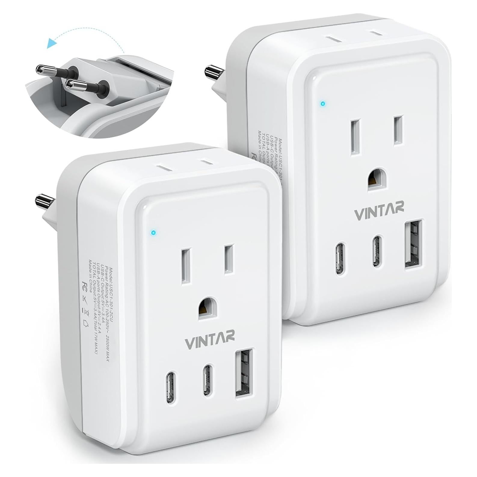 Adaptador de Enchufe de Viaje VINTAR Tipo C 2 Paquetes 17W
