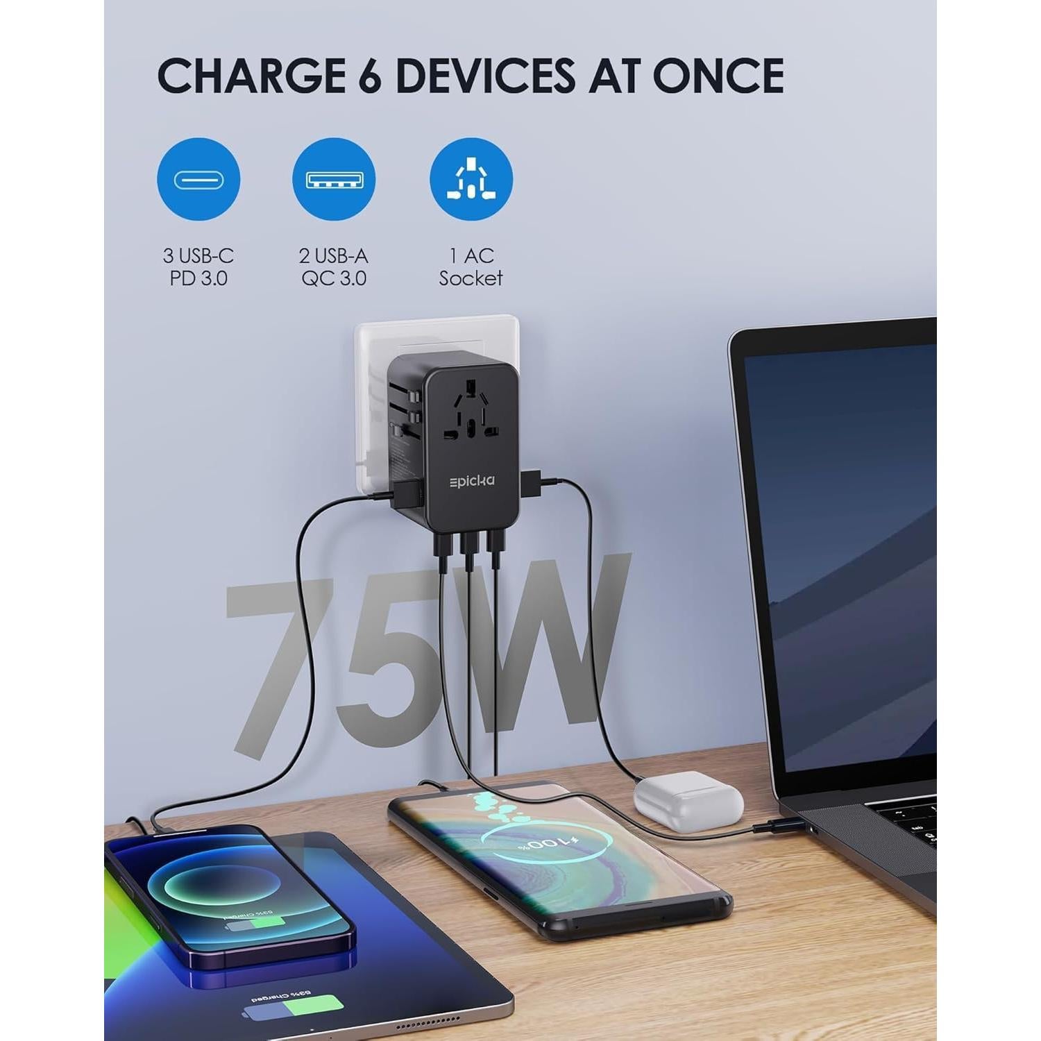 Adaptador de Viaje Universal EPICKA TA-105 Max 75W 5 Puertos