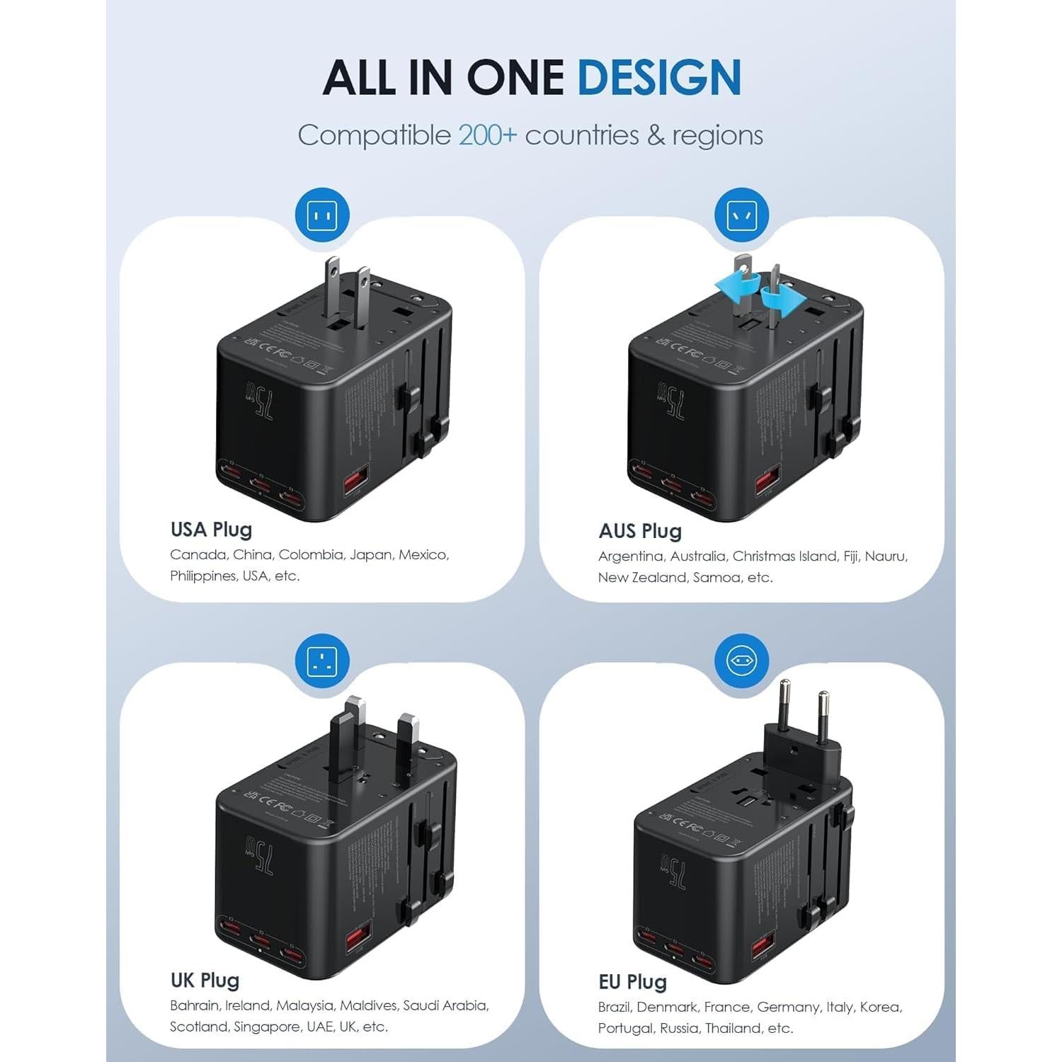 Adaptador de Viaje Universal EPICKA TA-105 Max 75W 5 Puertos