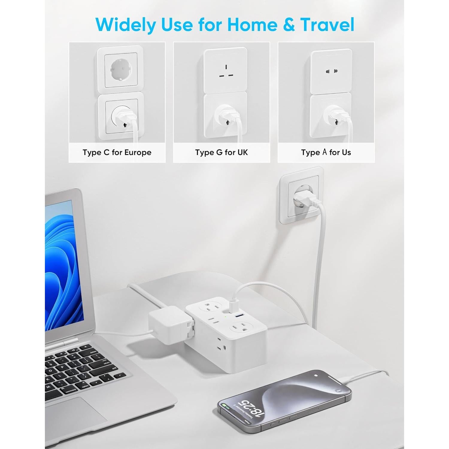 Adaptador de viaje universal Kakyanill 10 en 1 con 6 salidas AC y 4 USB