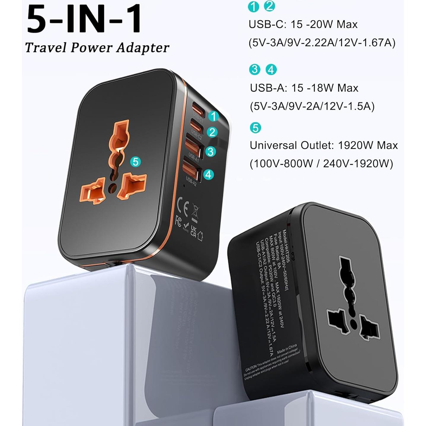 Adaptador de Viaje Universal AKWOR con 2 USB-C y 2 USB-A