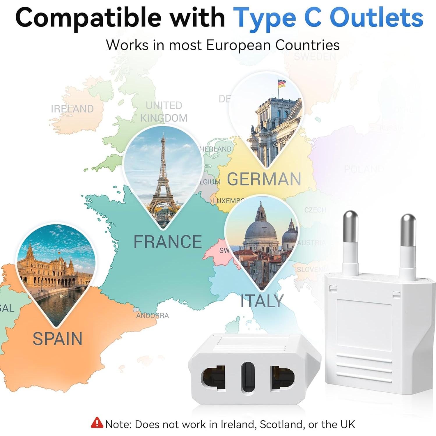 Adaptador de Enchufe Tipo C Unidapt 4 Pack - Viaje a Europa