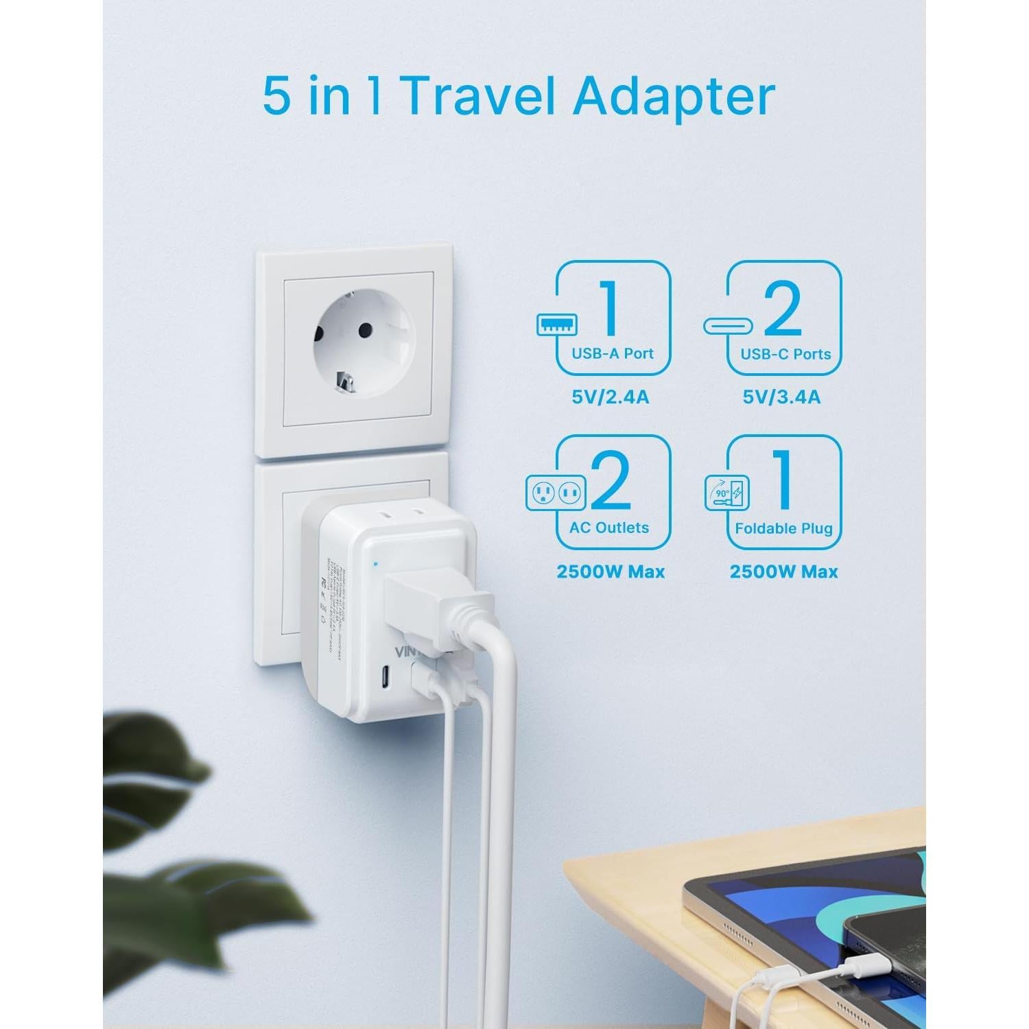 Adaptador de Enchufe de Viaje VINTAR Tipo C 17W 2 USB C