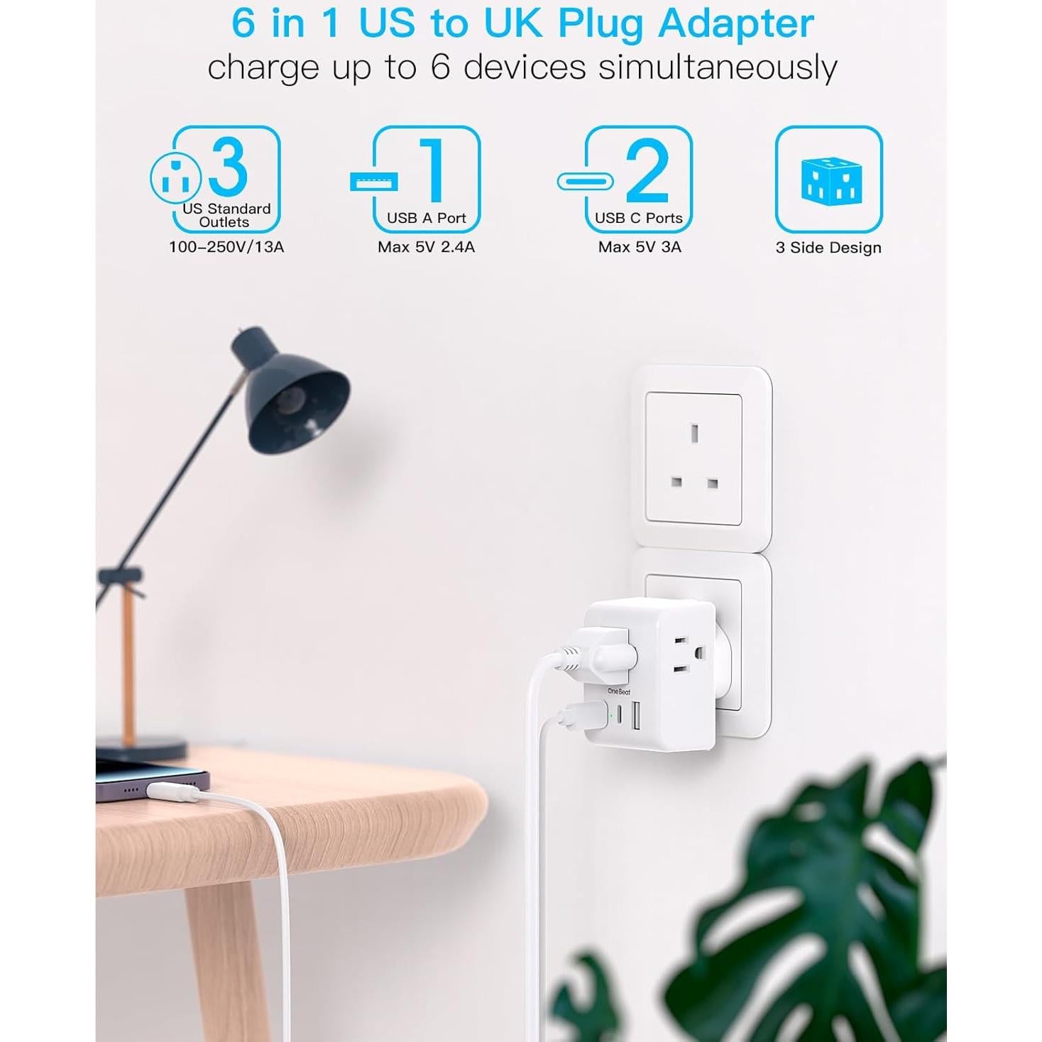 Adaptador de Enchufe de Viaje Tipo G One Beat 3 Salidas USB