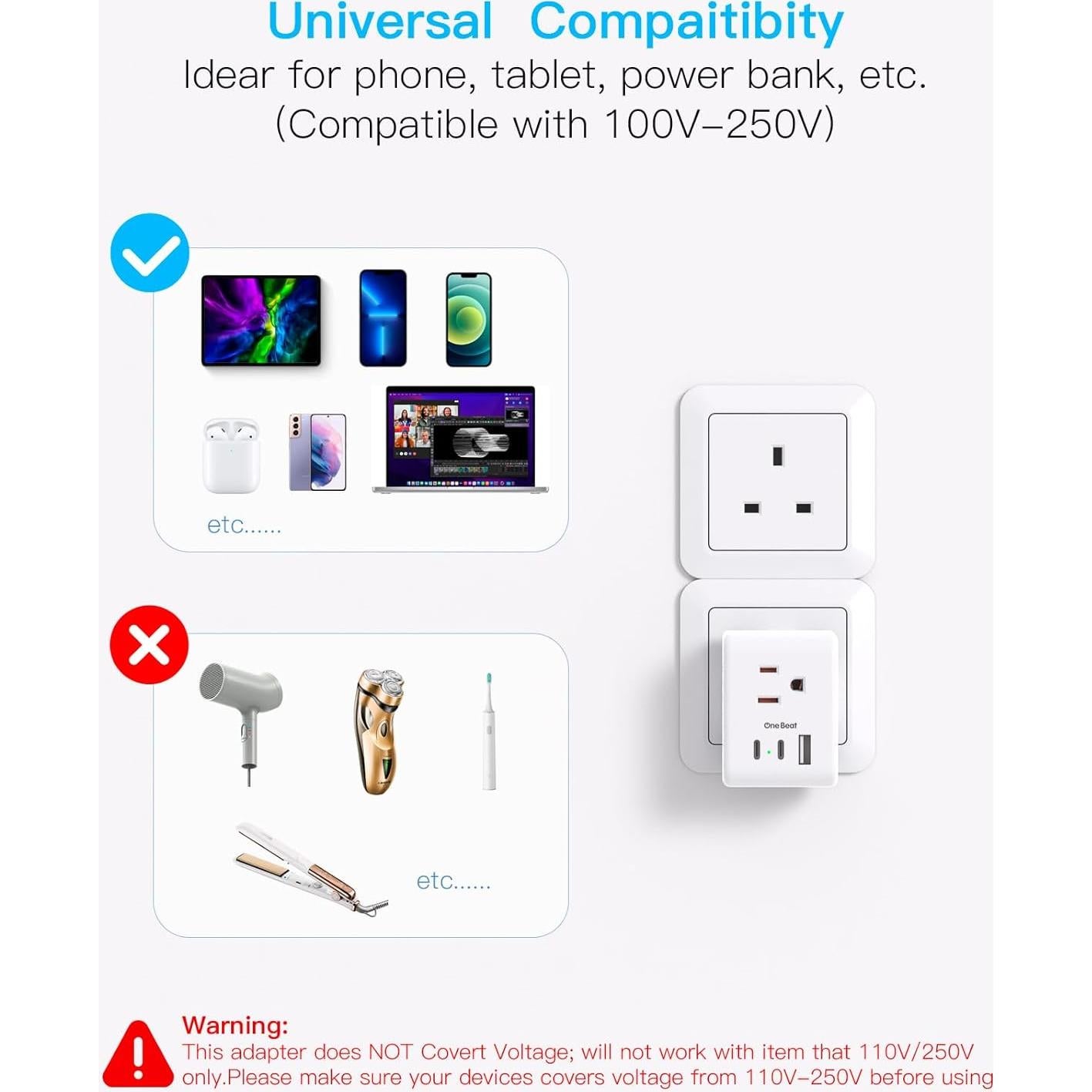 Adaptador de Enchufe de Viaje Tipo G One Beat 3 Salidas USB