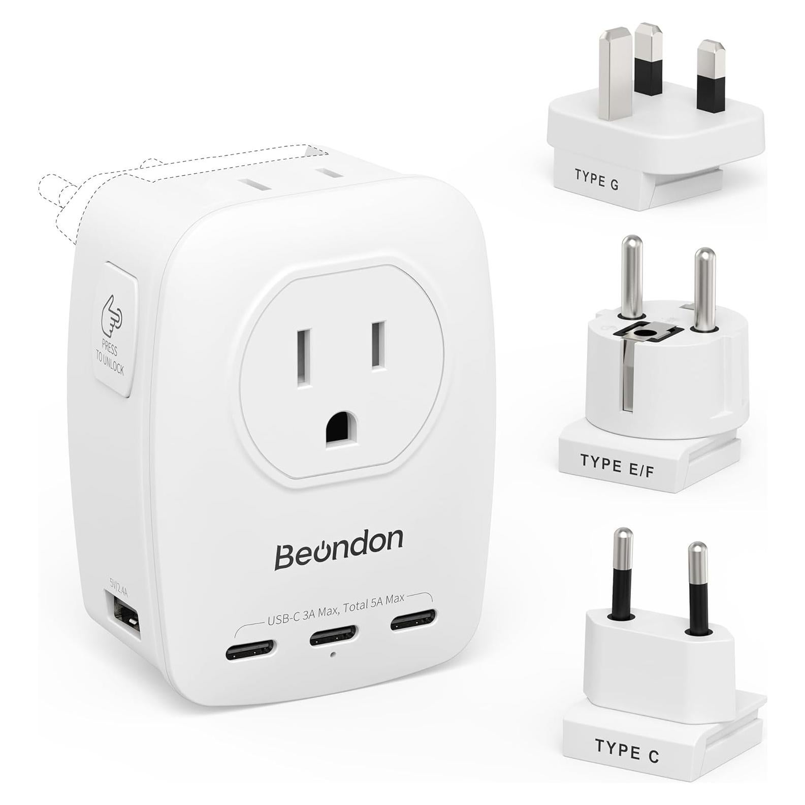 Adaptador de Viaje Universal Beondon con 3 Enchufes y 5 USB