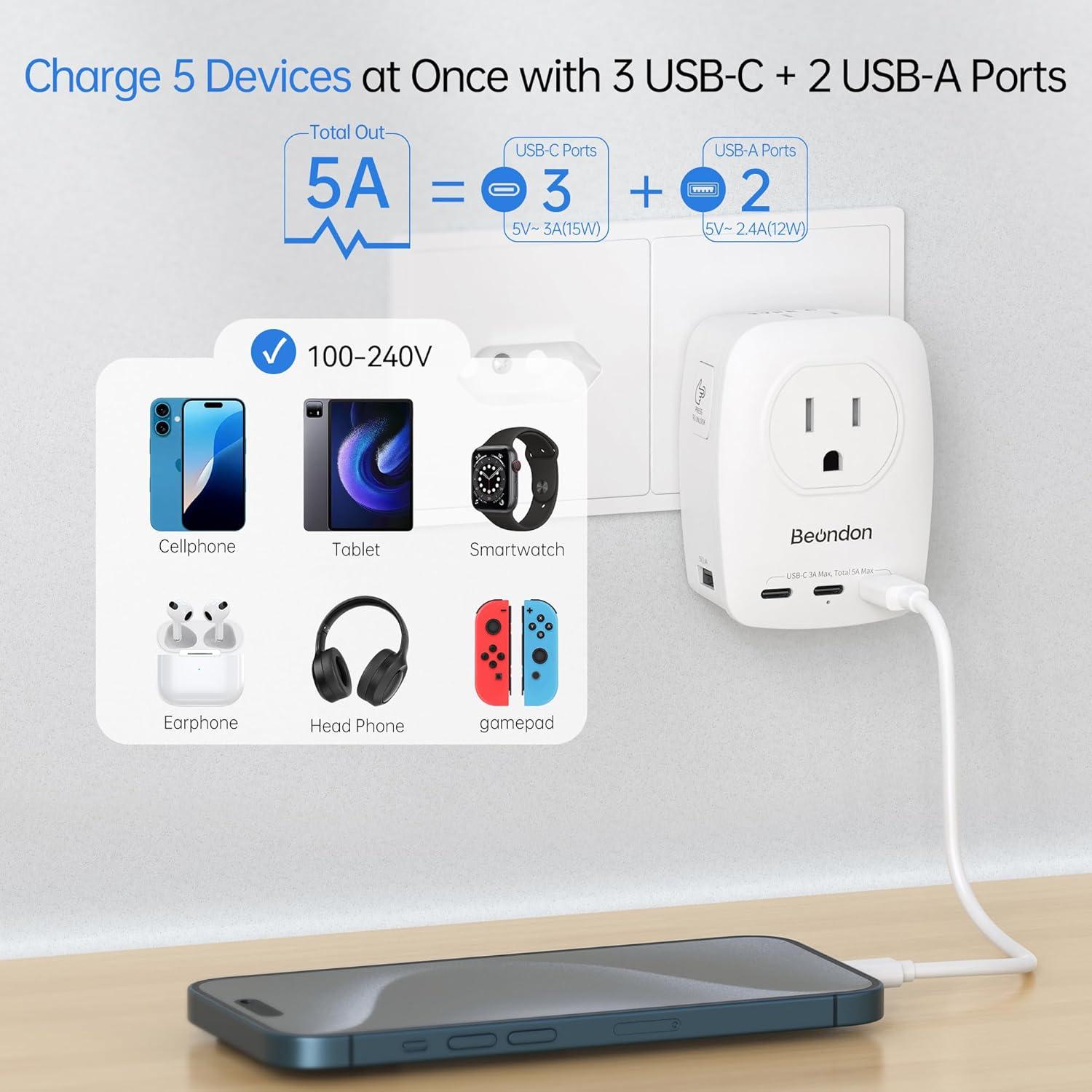 Adaptador de Viaje Universal Beondon con 3 Enchufes y 5 USB