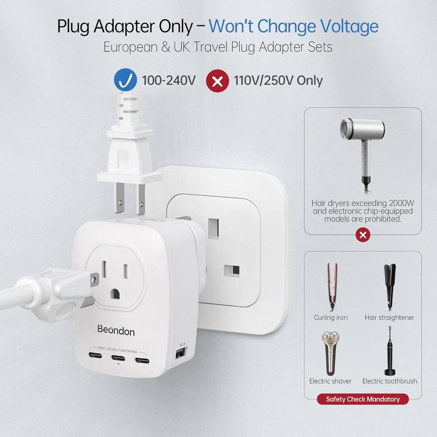 Adaptador de Viaje Universal Beondon con 3 Enchufes y 5 USB