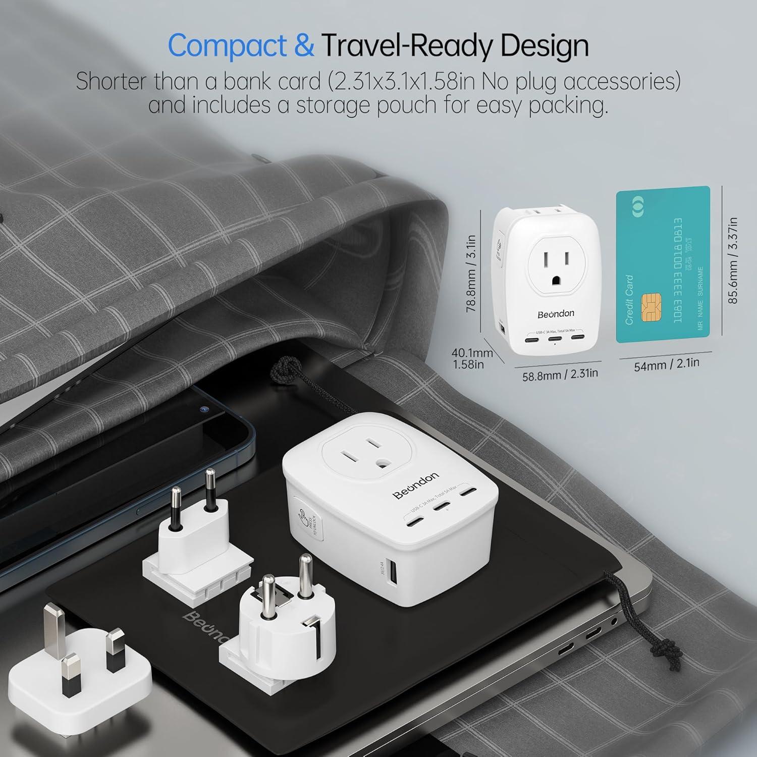 Adaptador de Viaje Universal Beondon con 3 Enchufes y 5 USB