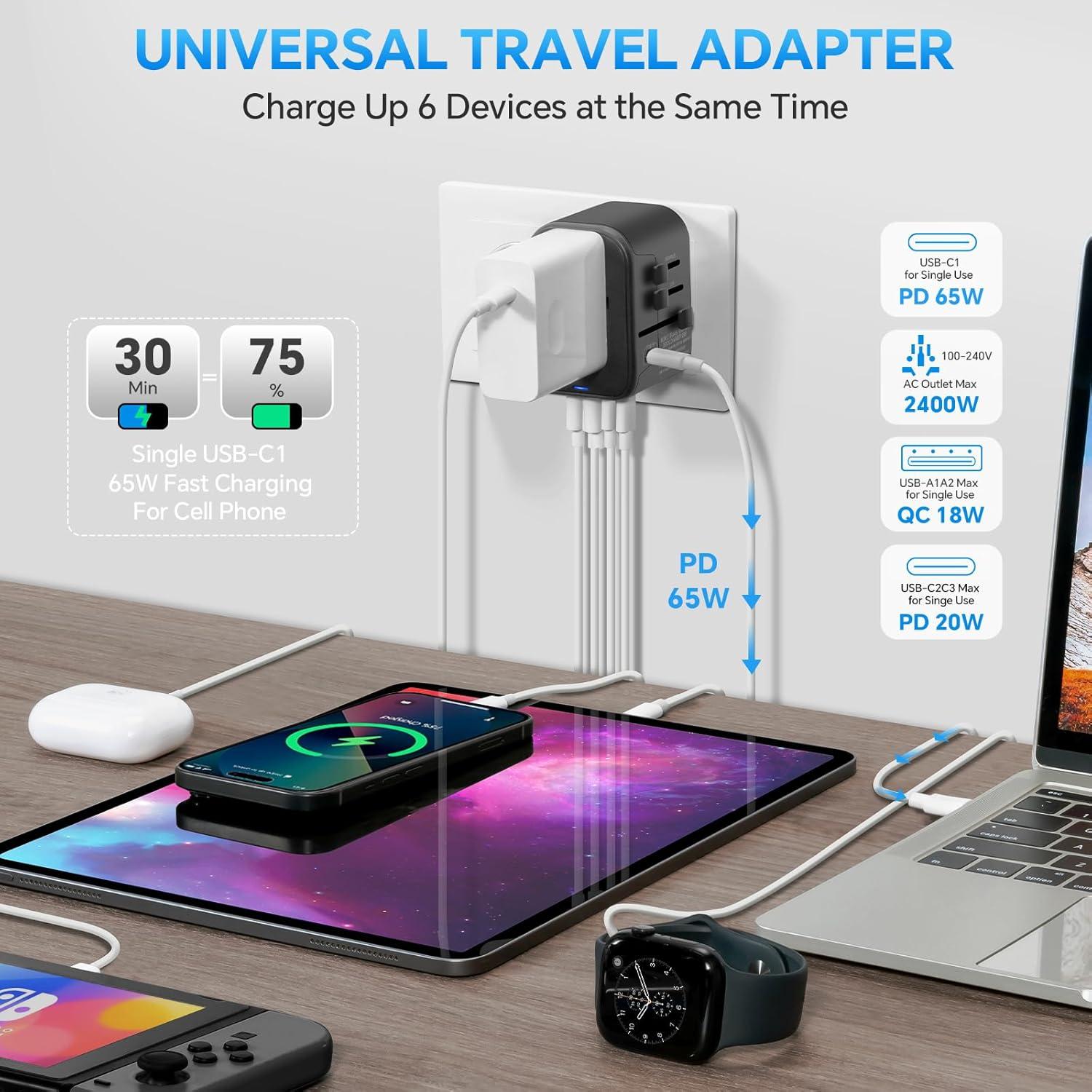 Adaptador de Viaje Universal MINGTONG 65W 6 en 1 Carga Rápida