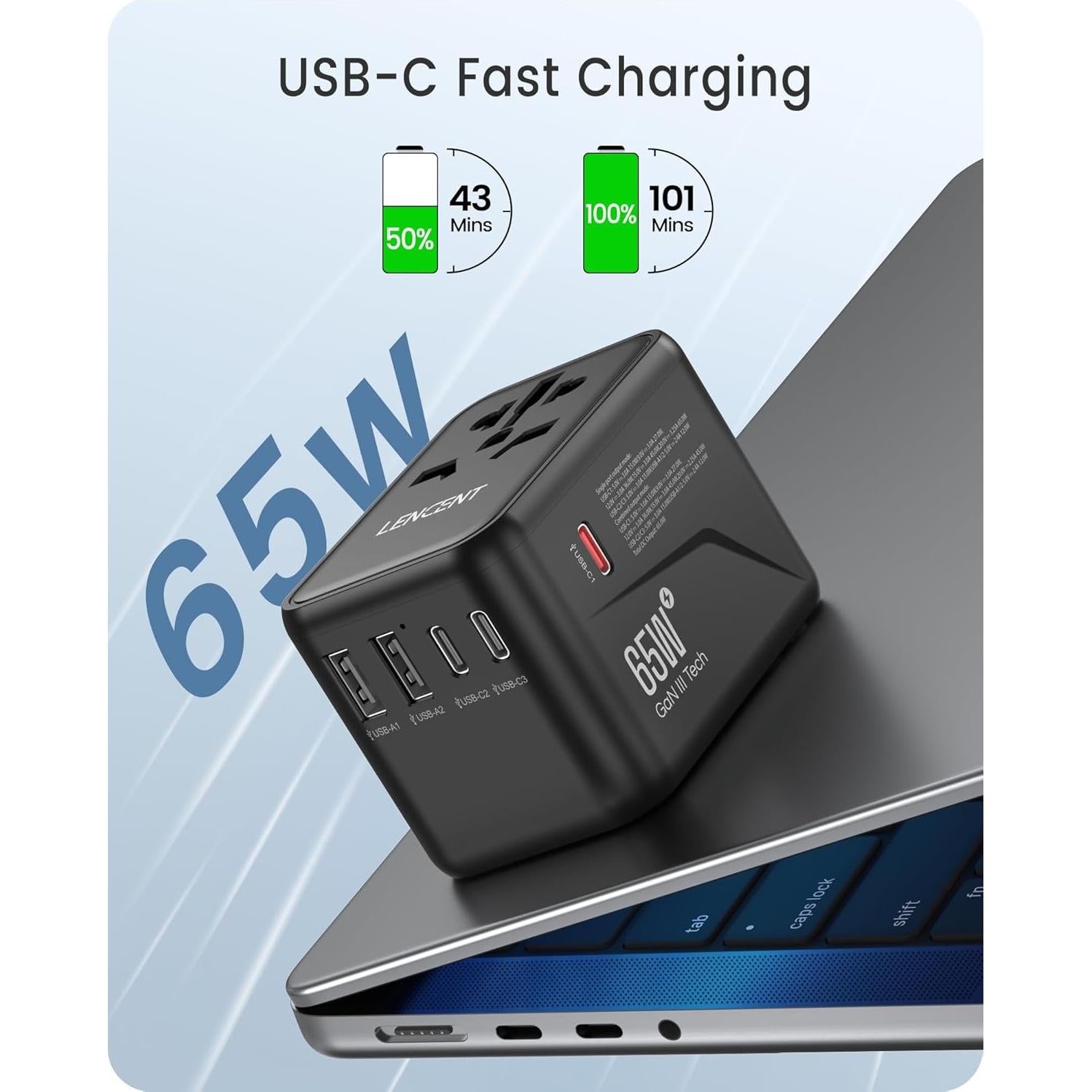 Adaptador de Viaje Universal LENCENT 65W con 2 USB y 3 Carga Rápida