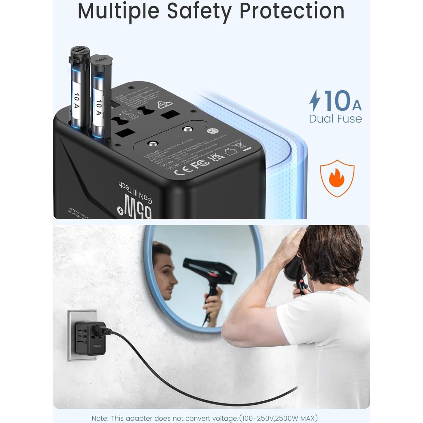 Adaptador de Viaje Universal LENCENT 65W con 2 USB y 3 Carga Rápida