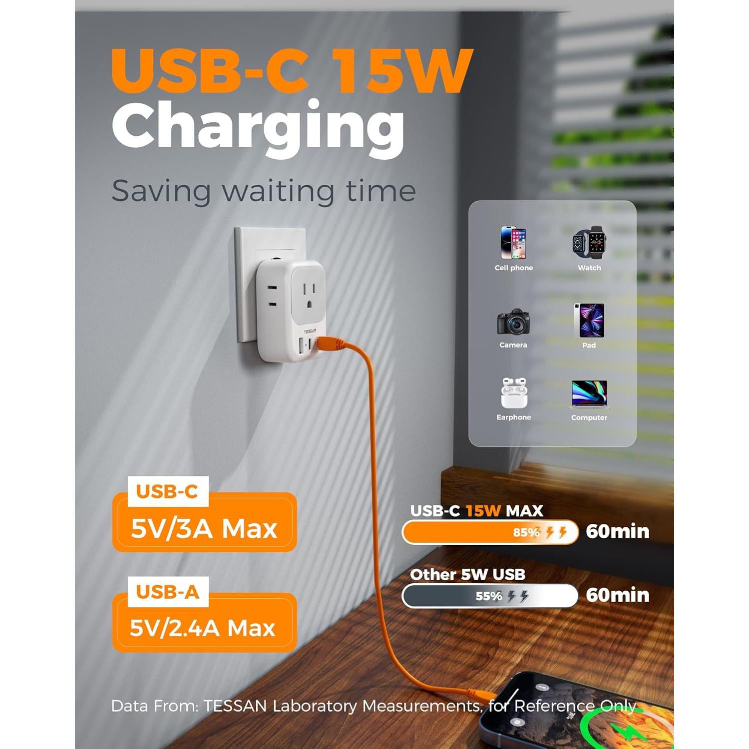 Adaptador de Enchufe de Viaje TESSAN Tipo C con 4 Salidas y 3 USB