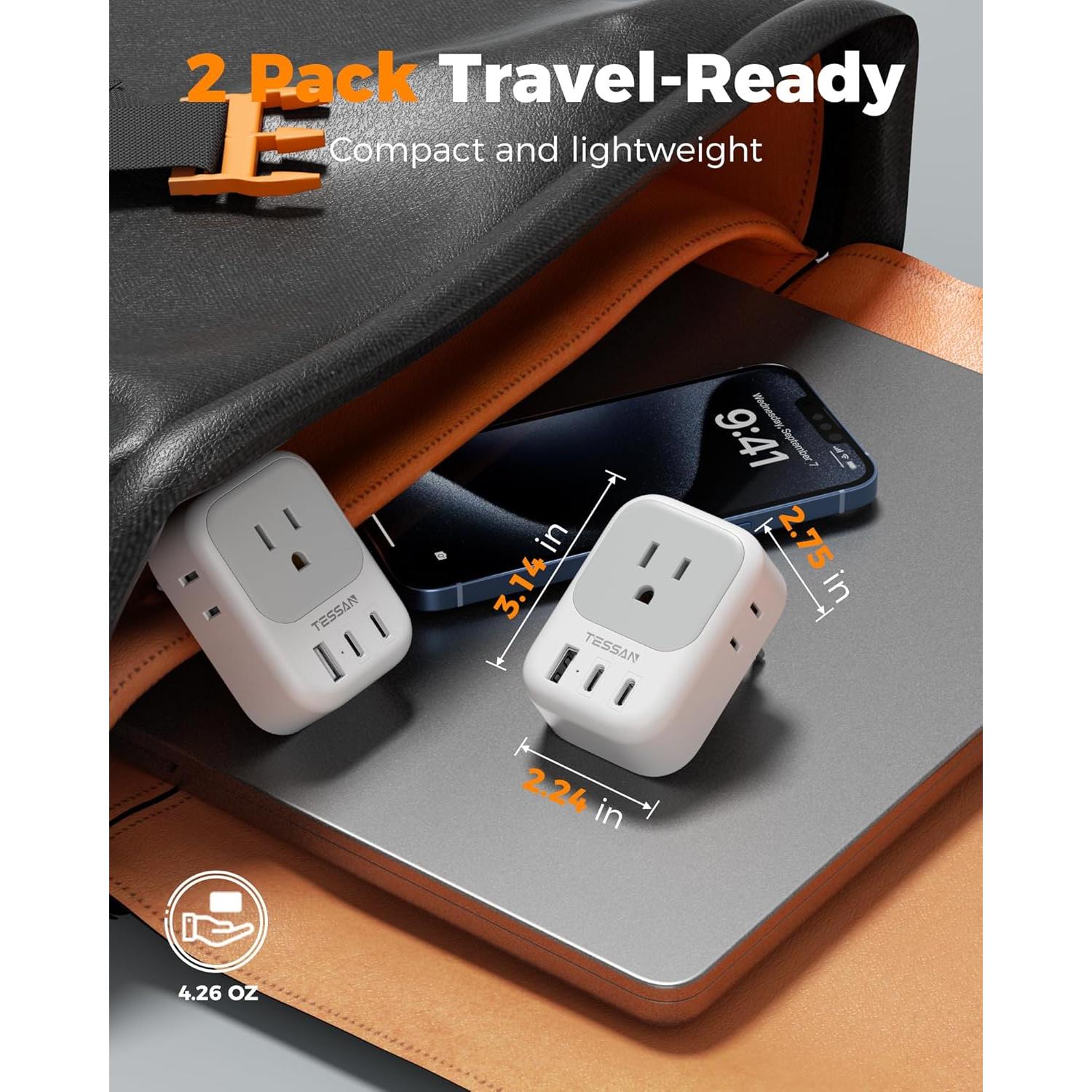 Adaptador de Enchufe de Viaje TESSAN Tipo C con 4 Salidas y 3 USB