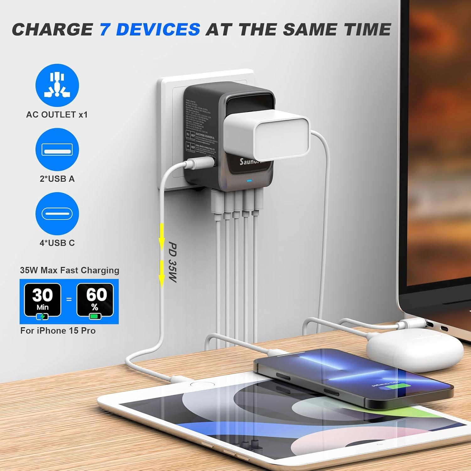 Adaptador de Viaje Universal SAUNORCH 7 en 1 Carga Rápida 35W