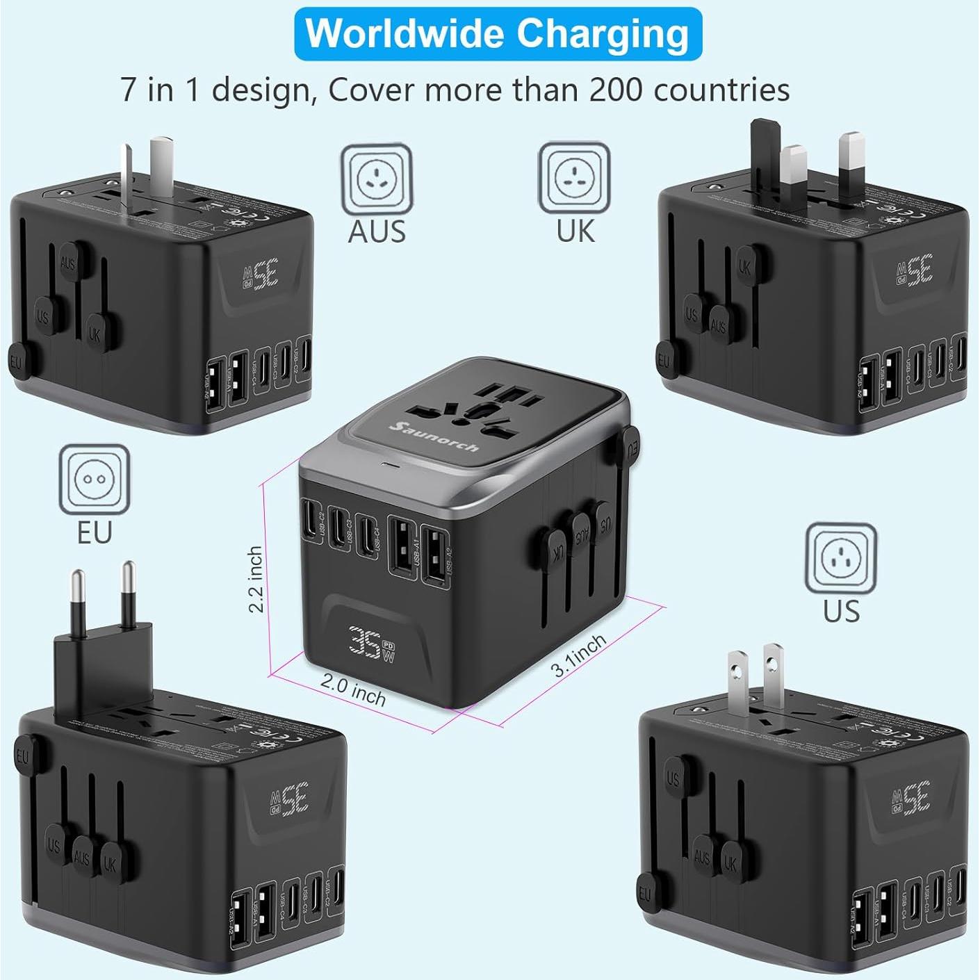 Adaptador de Viaje Universal SAUNORCH 7 en 1 Carga Rápida 35W
