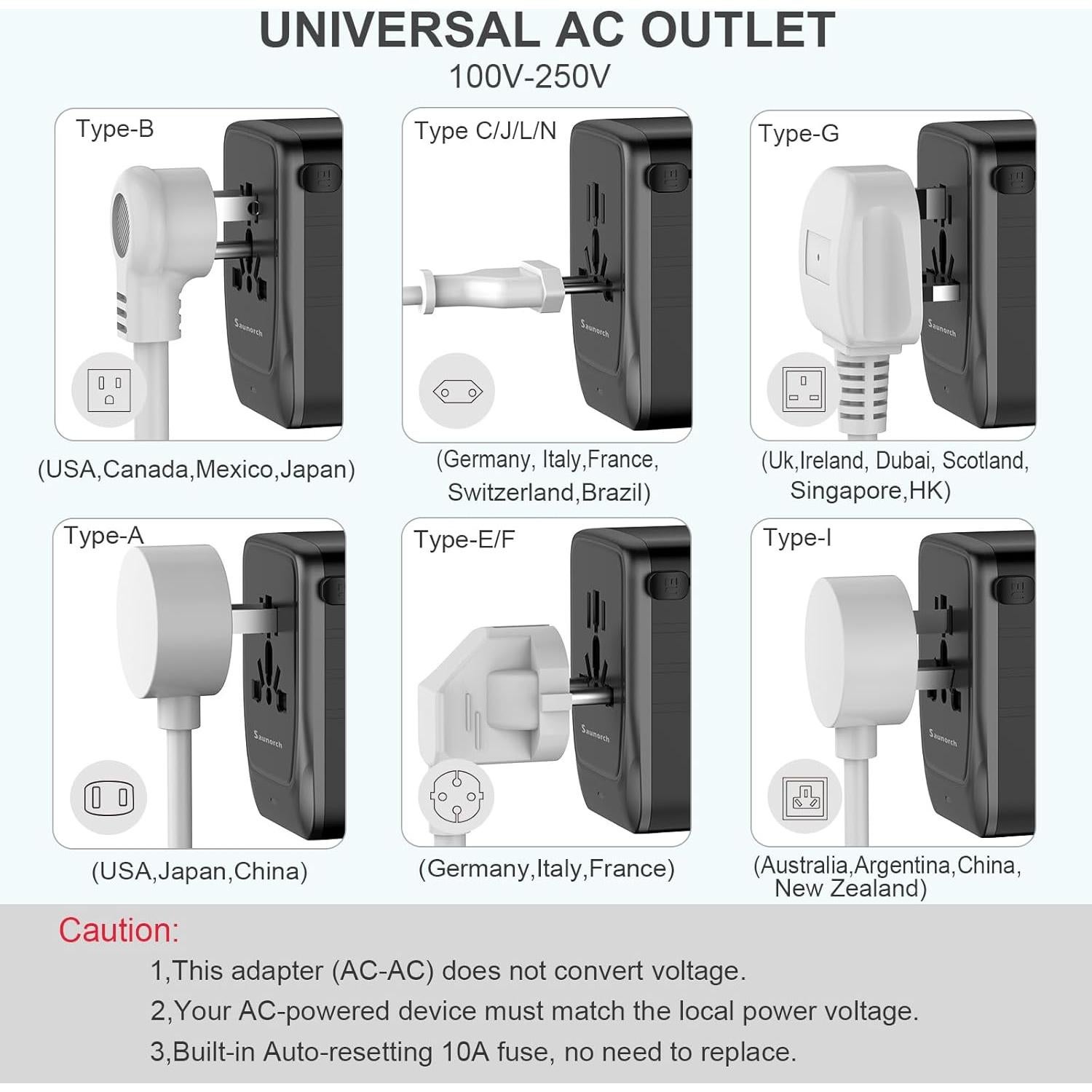Adaptador de Viaje Universal SAUNORCH 7 en 1 Carga Rápida 35W