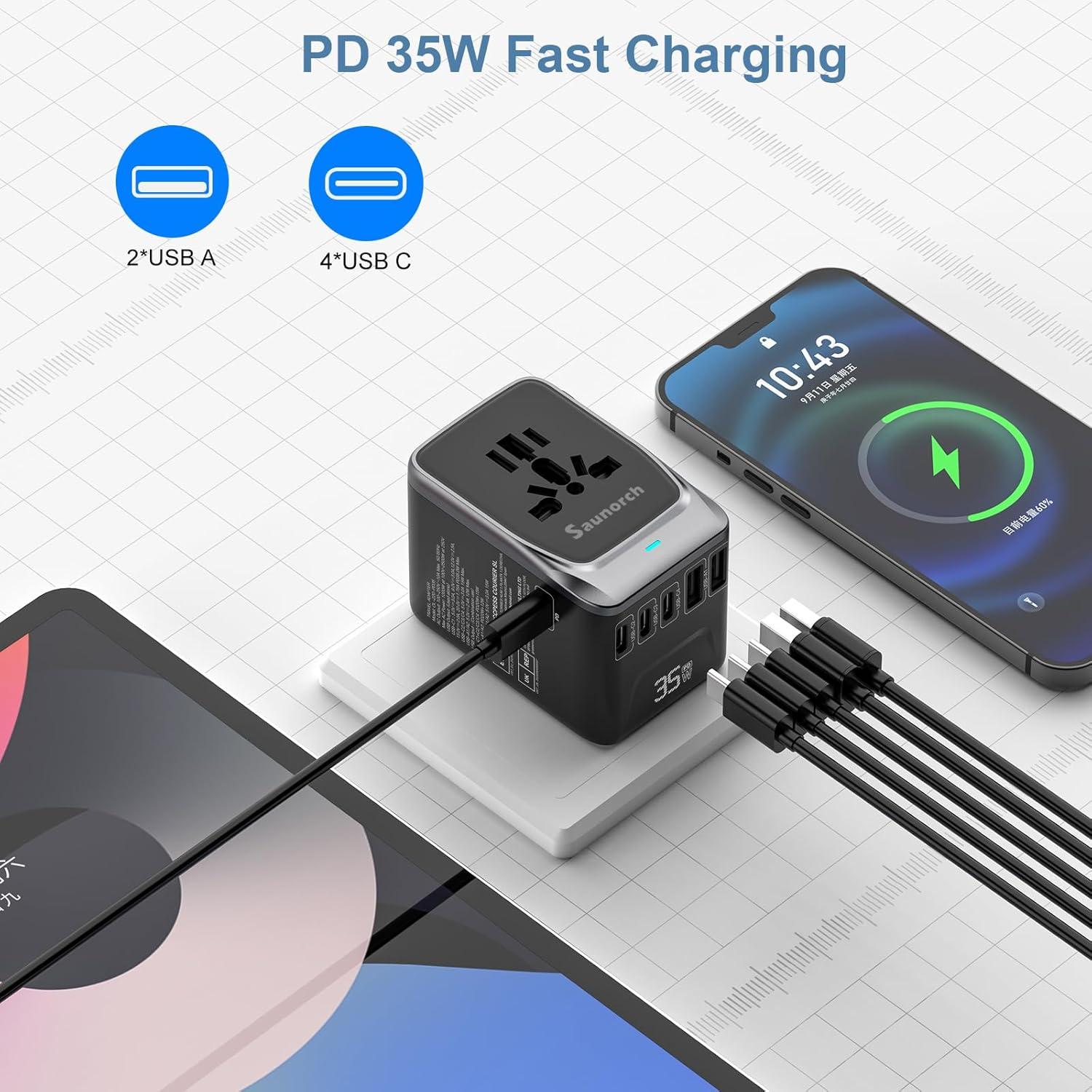 Adaptador de Viaje Universal SAUNORCH 7 en 1 Carga Rápida 35W