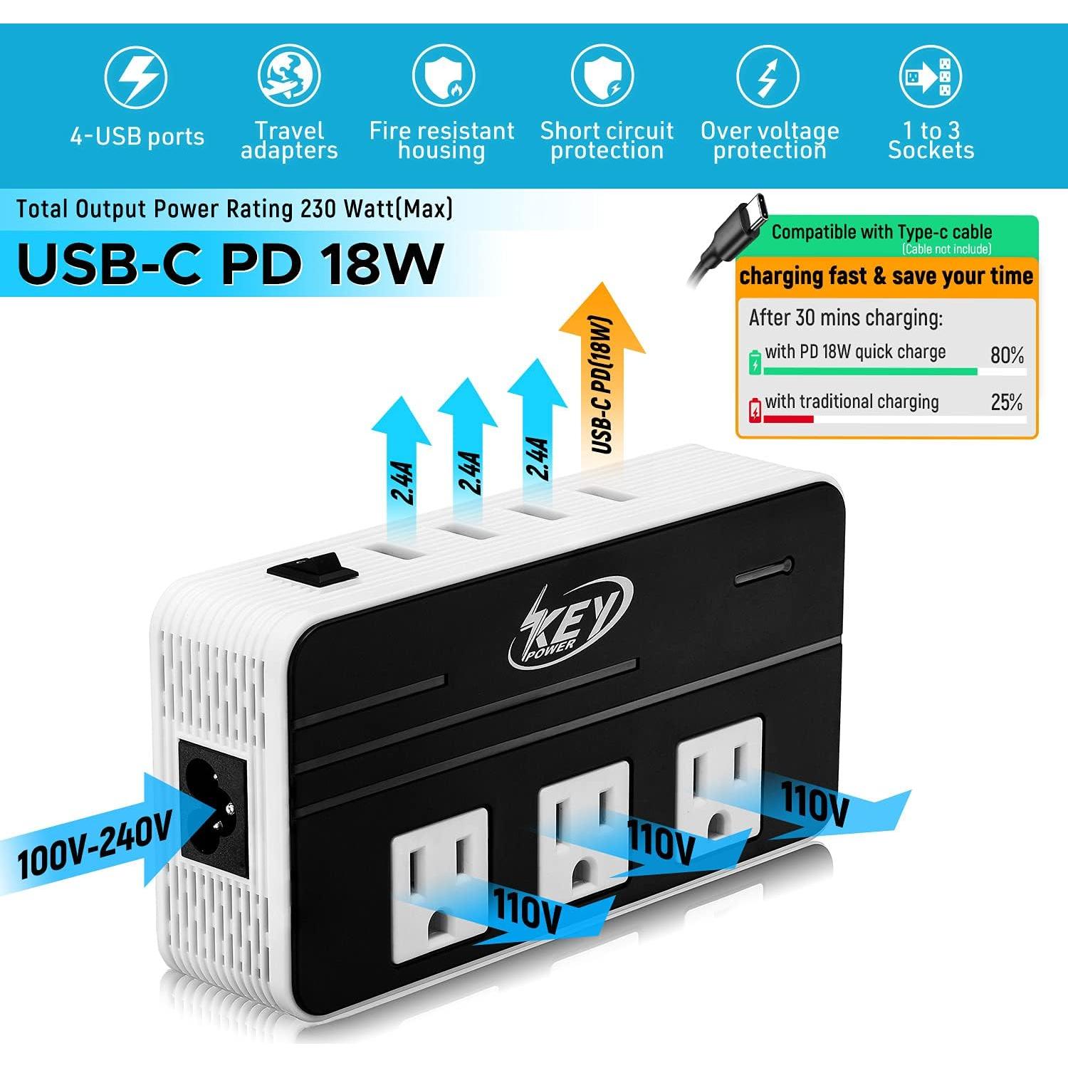 Convertidor de Voltaje 230W Key Power 220V a 110V USB-C