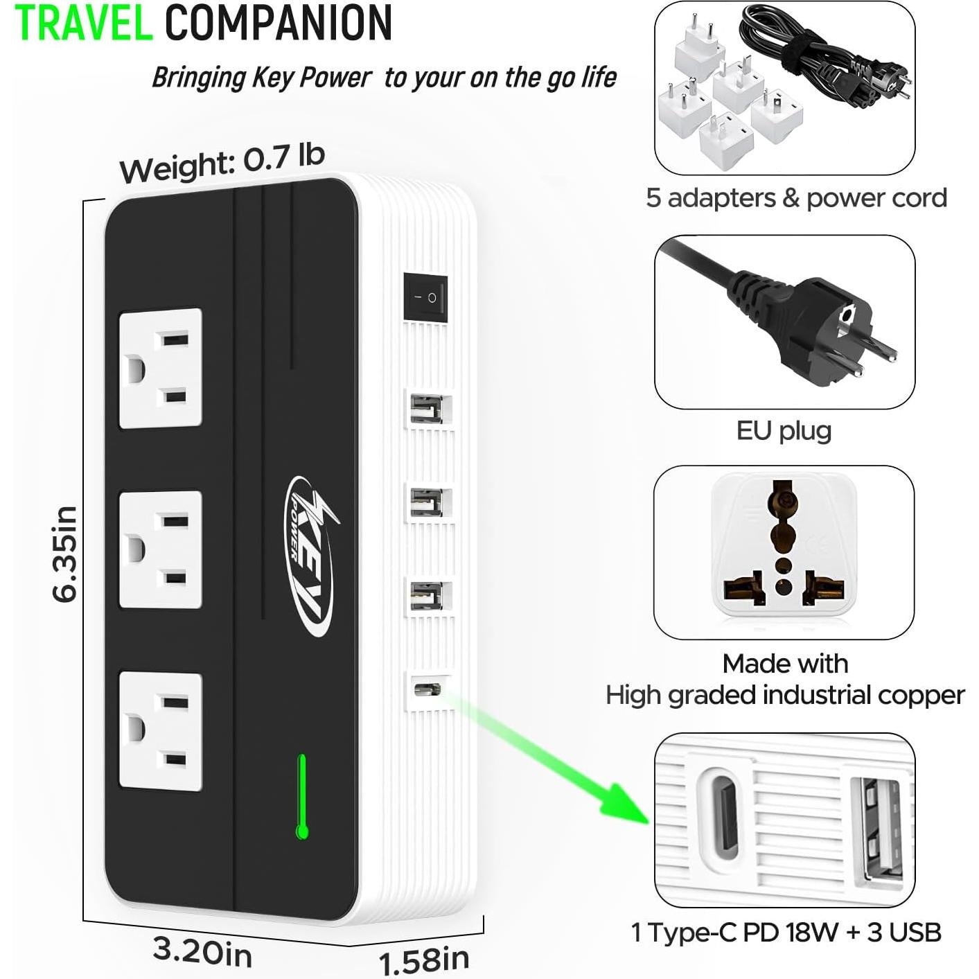 Convertidor de Voltaje 230W Key Power 220V a 110V USB-C
