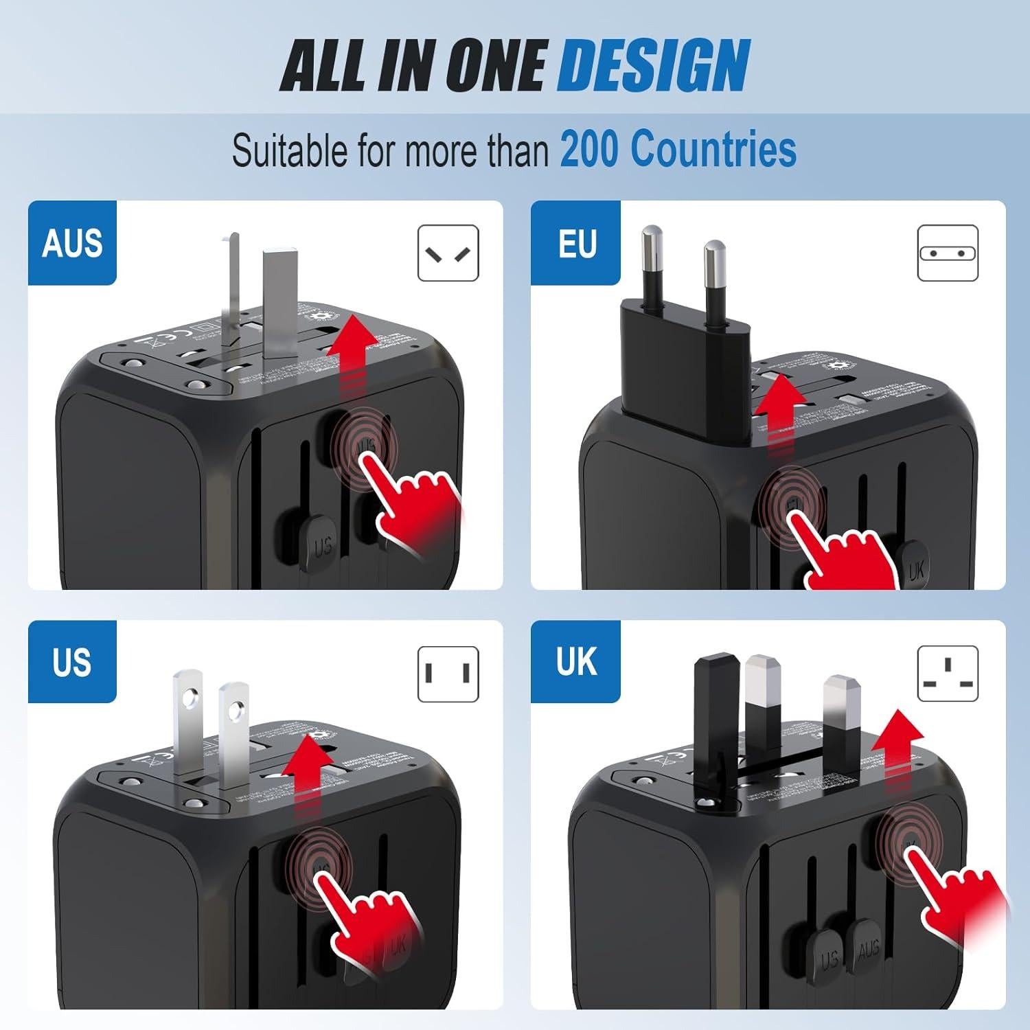 Adaptador de Viaje Universal GLAMFIELDS con 2 USB-C y 2 USB-A