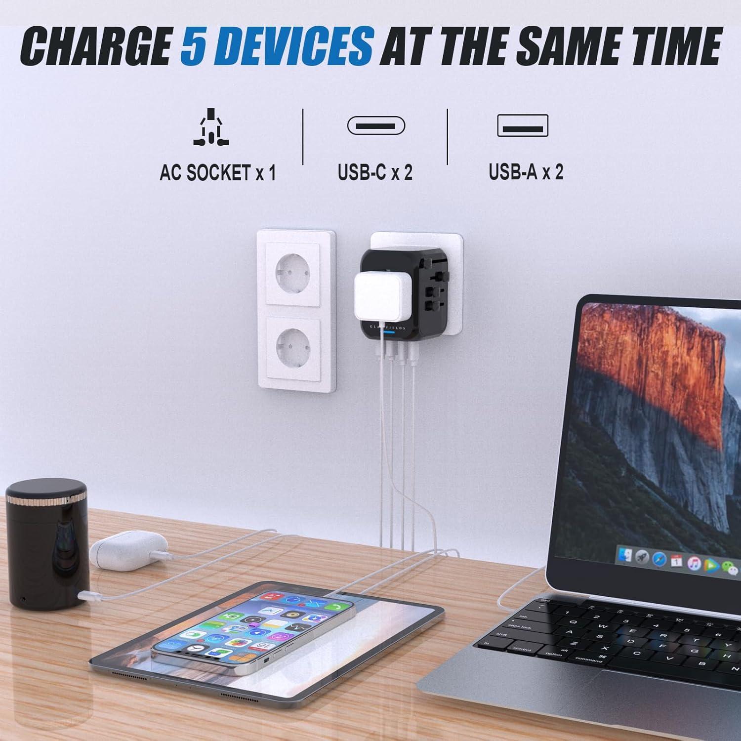 Adaptador de Viaje Universal GLAMFIELDS con 2 USB-C y 2 USB-A