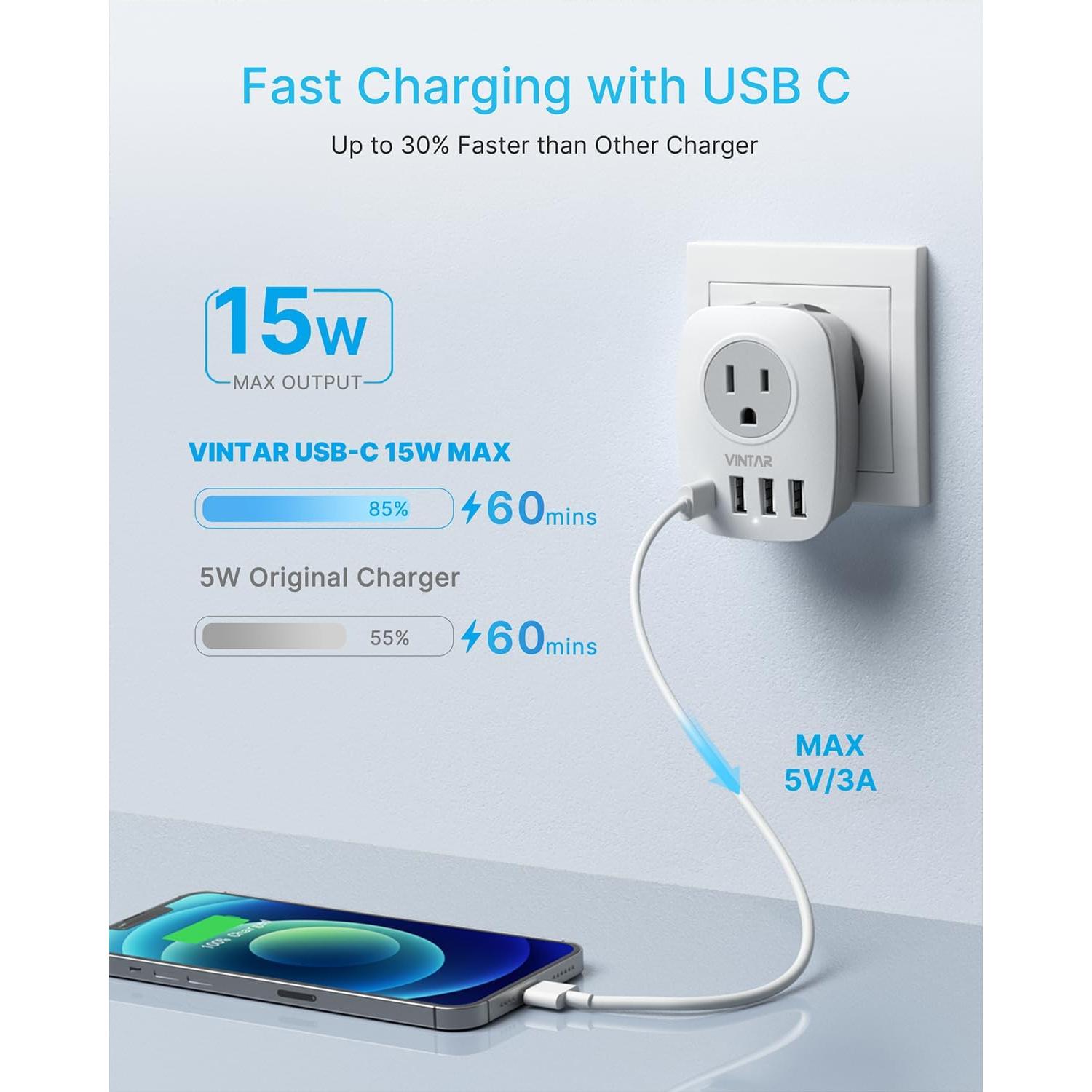 Adaptador de Enchufe de Viaje VINTAR Tipo C 6 en 1 USB