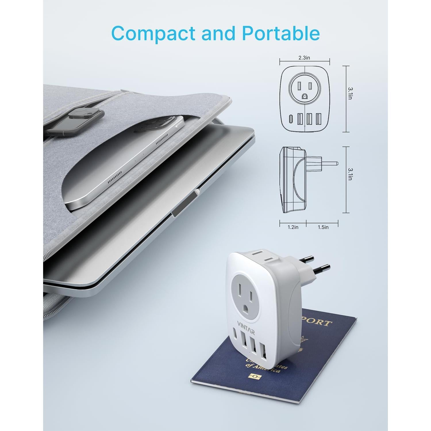 Adaptador de Enchufe de Viaje VINTAR Tipo C 6 en 1 USB