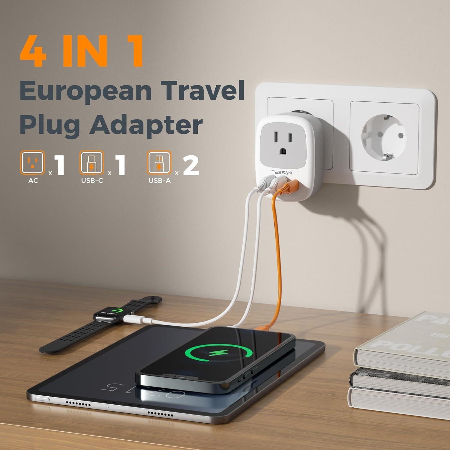 Adaptador de Enchufe de Viaje TESSAN Tipo C con 3 USB