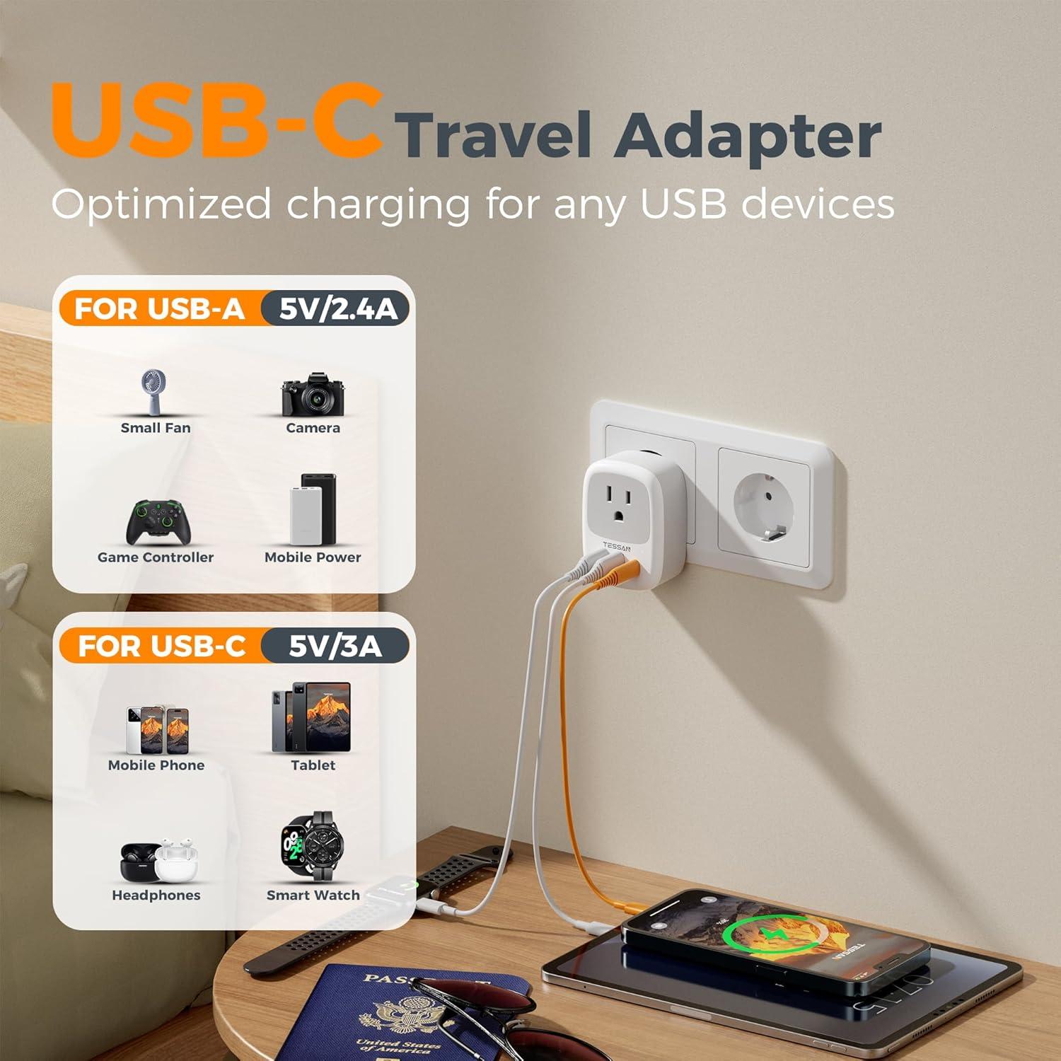 Adaptador de Enchufe de Viaje TESSAN Tipo C con 3 USB